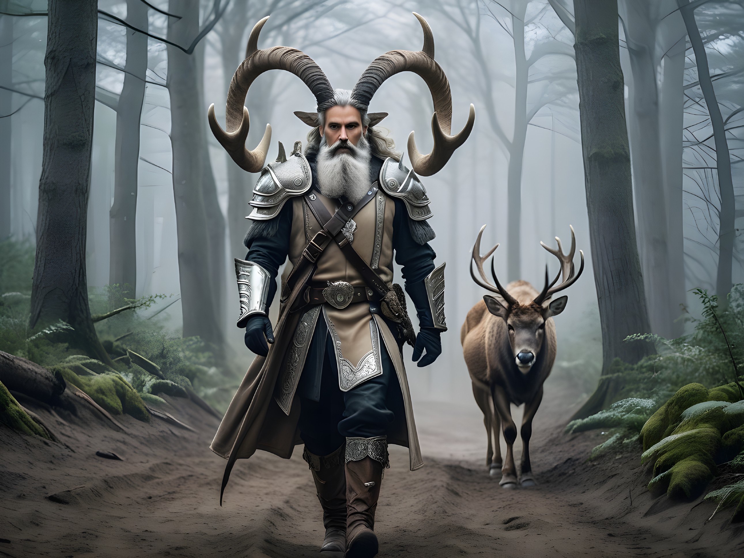 Majestic figure in armor with stag in misty forest