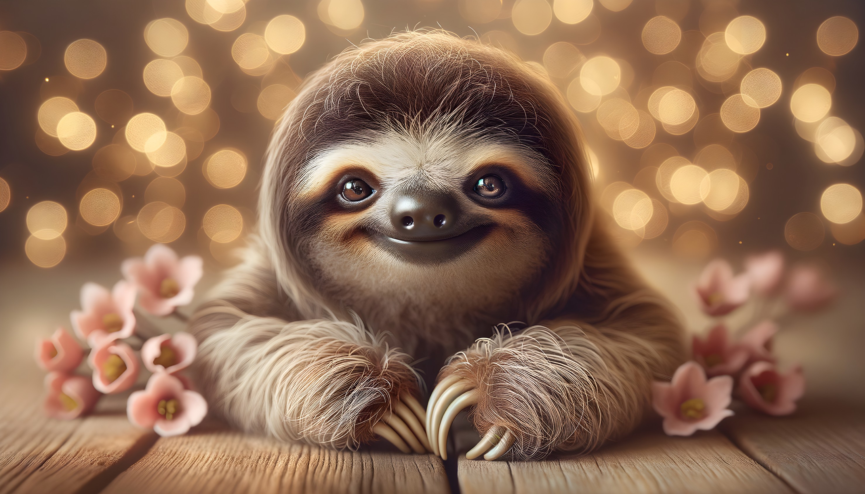 Charming sloth surrounded by delicate pink flowers