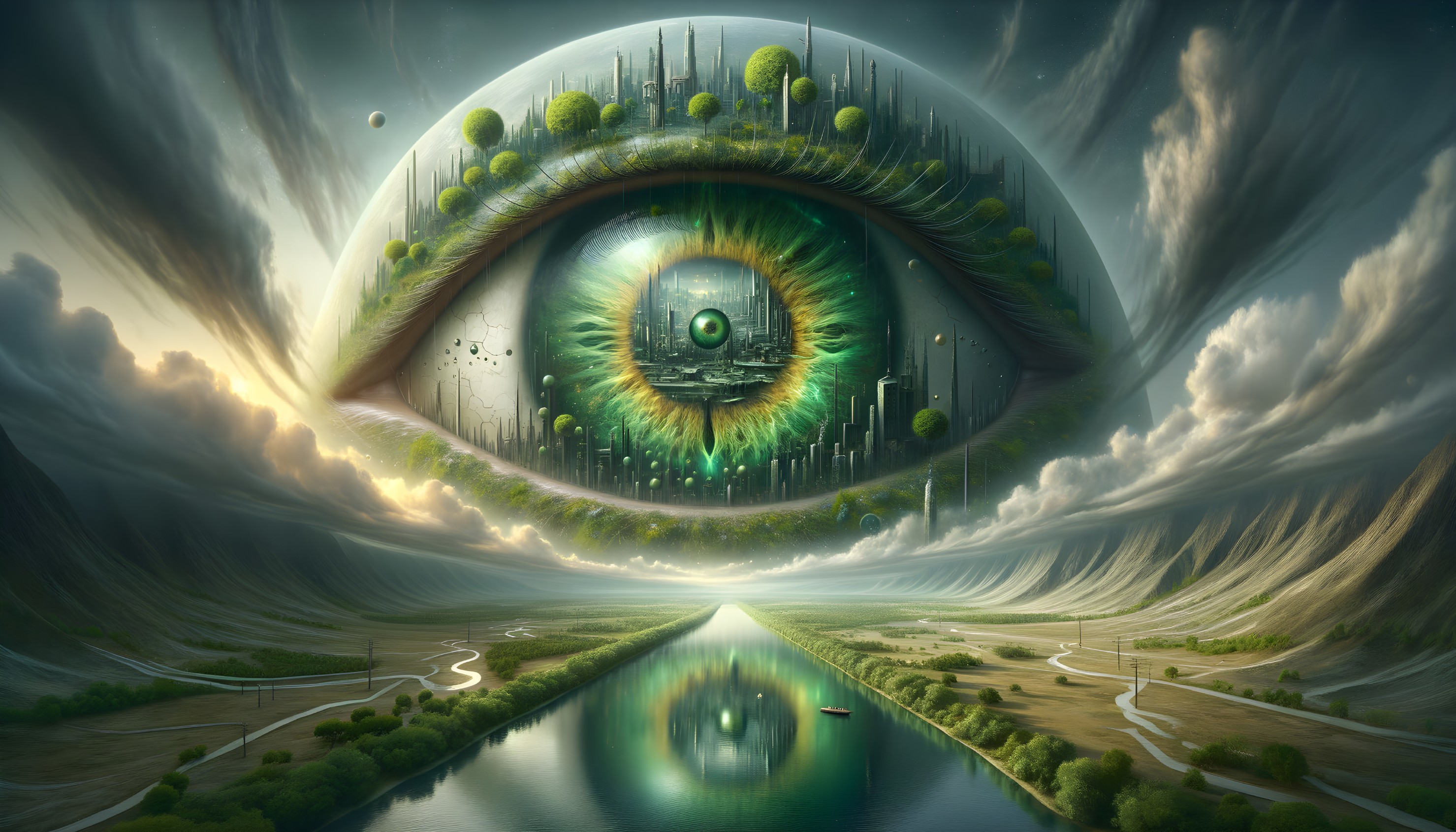Surreal Landscape with Giant Eye Over Tranquil River