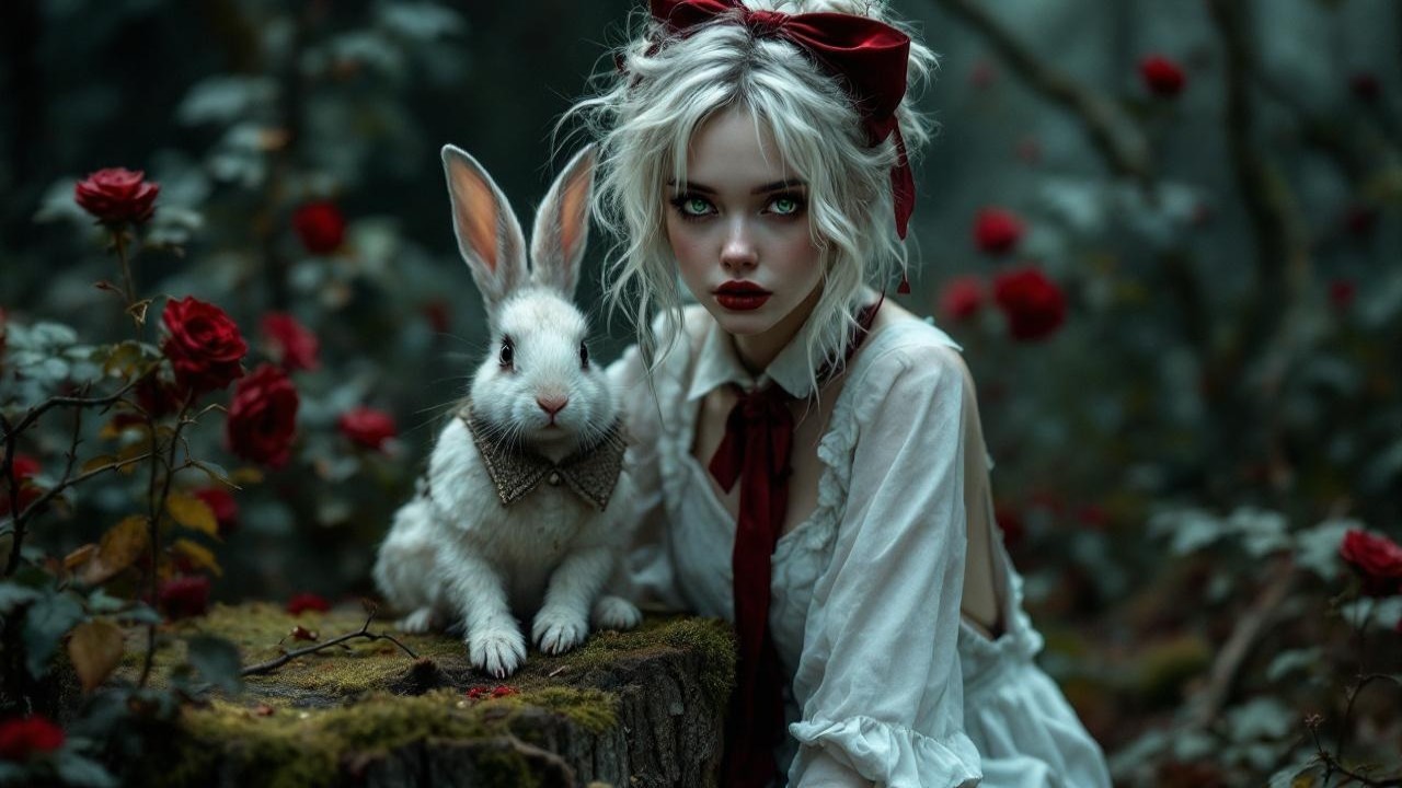 Woman in White Dress with Rabbit in Dreamy Forest
