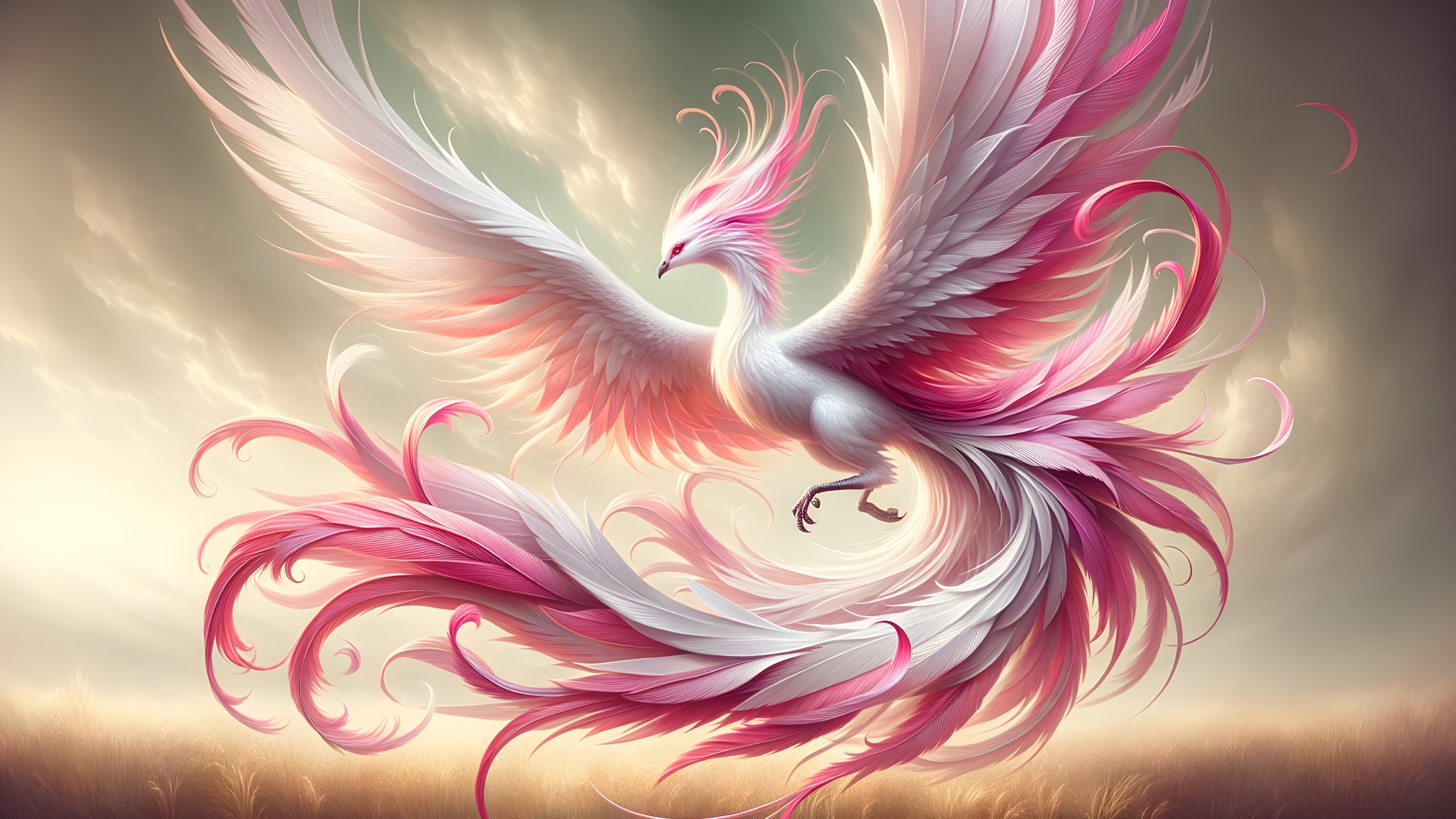 Phoenix with Flowing White and Pink Feathers in Sky