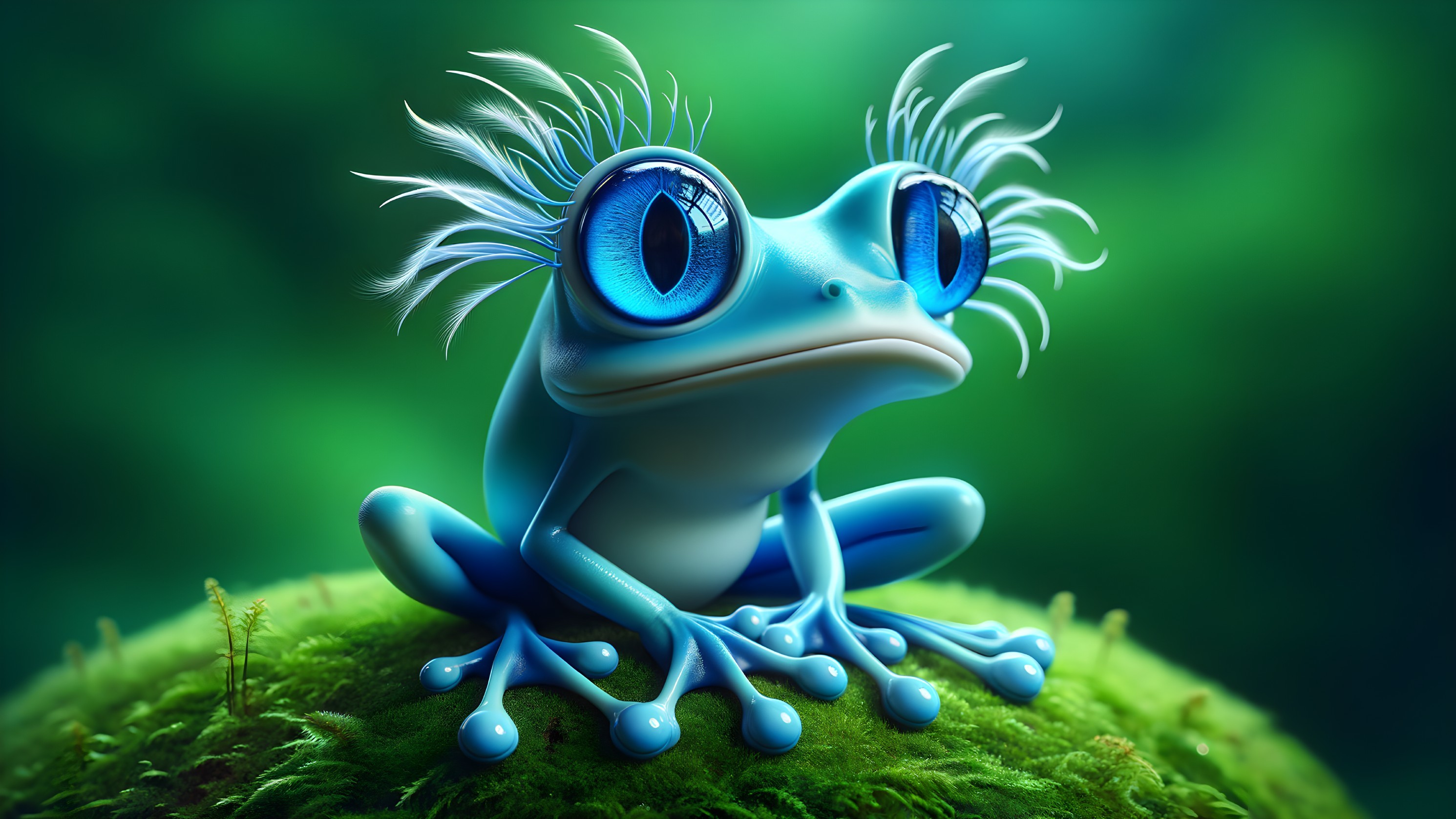 Whimsical Blue Frog on Mossy Green Surface