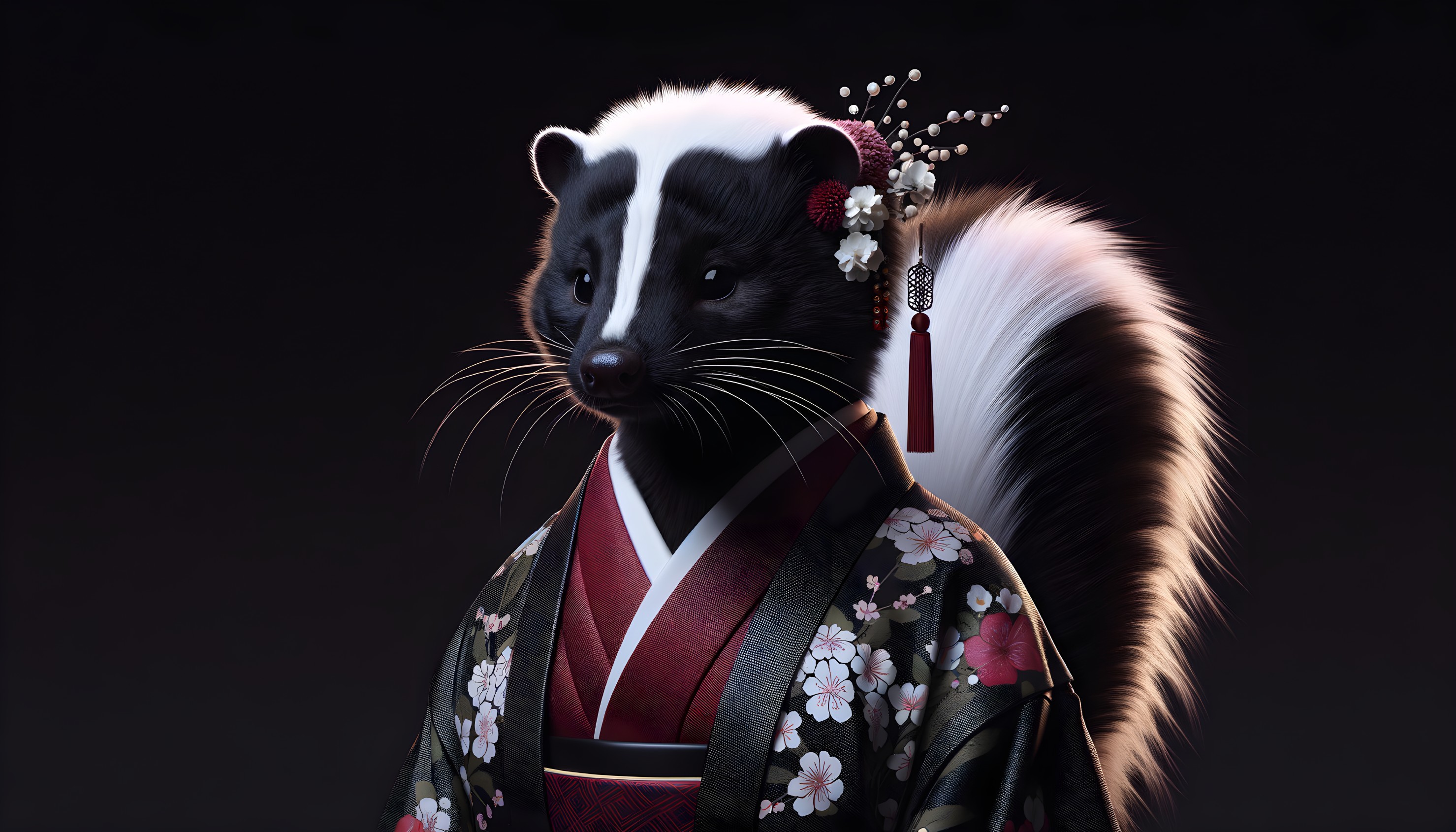 Whimsical Skunk Character in Japanese Kimono Design