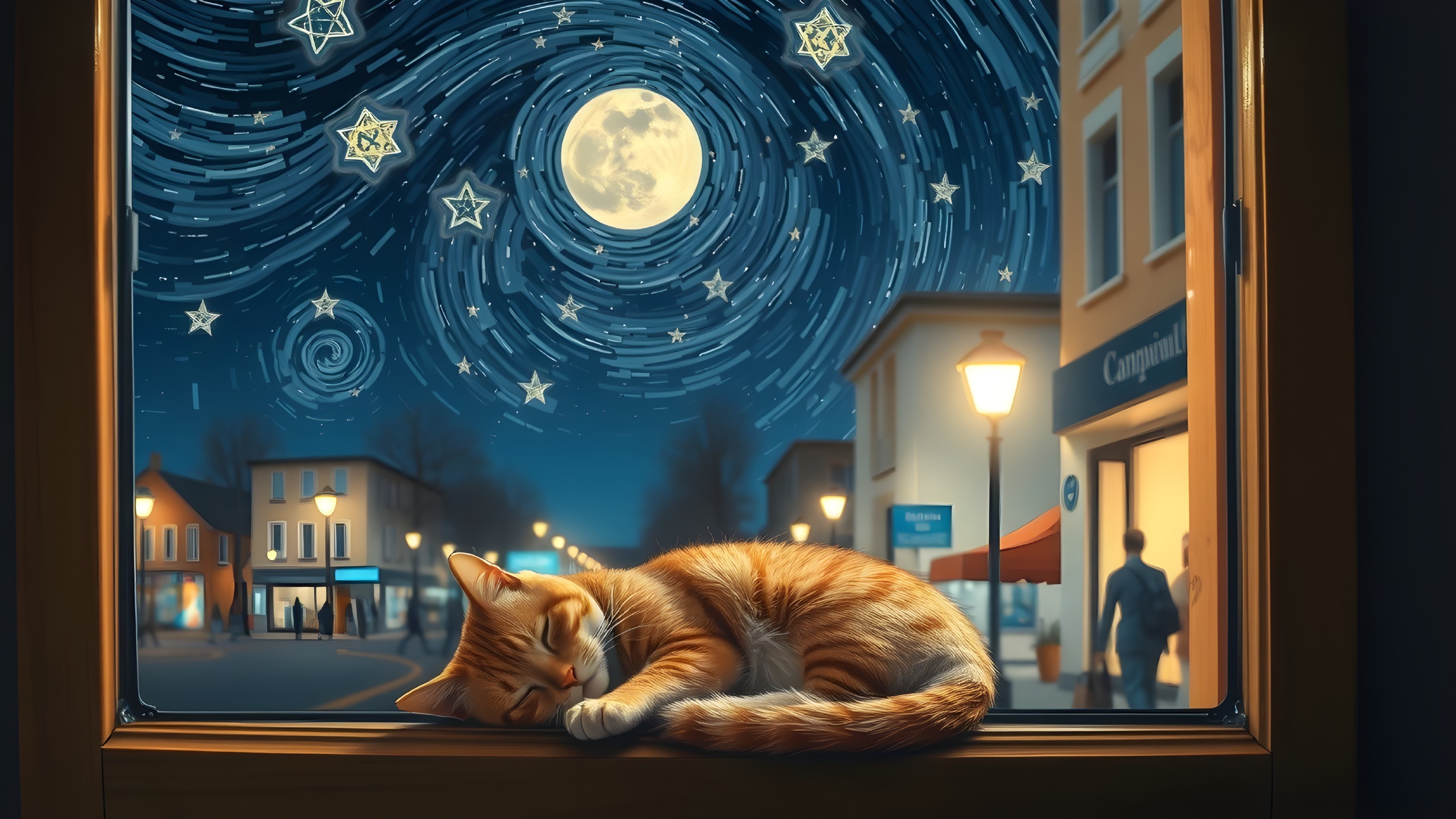 Sleeping Orange Tabby Cat on Windowsill at Night