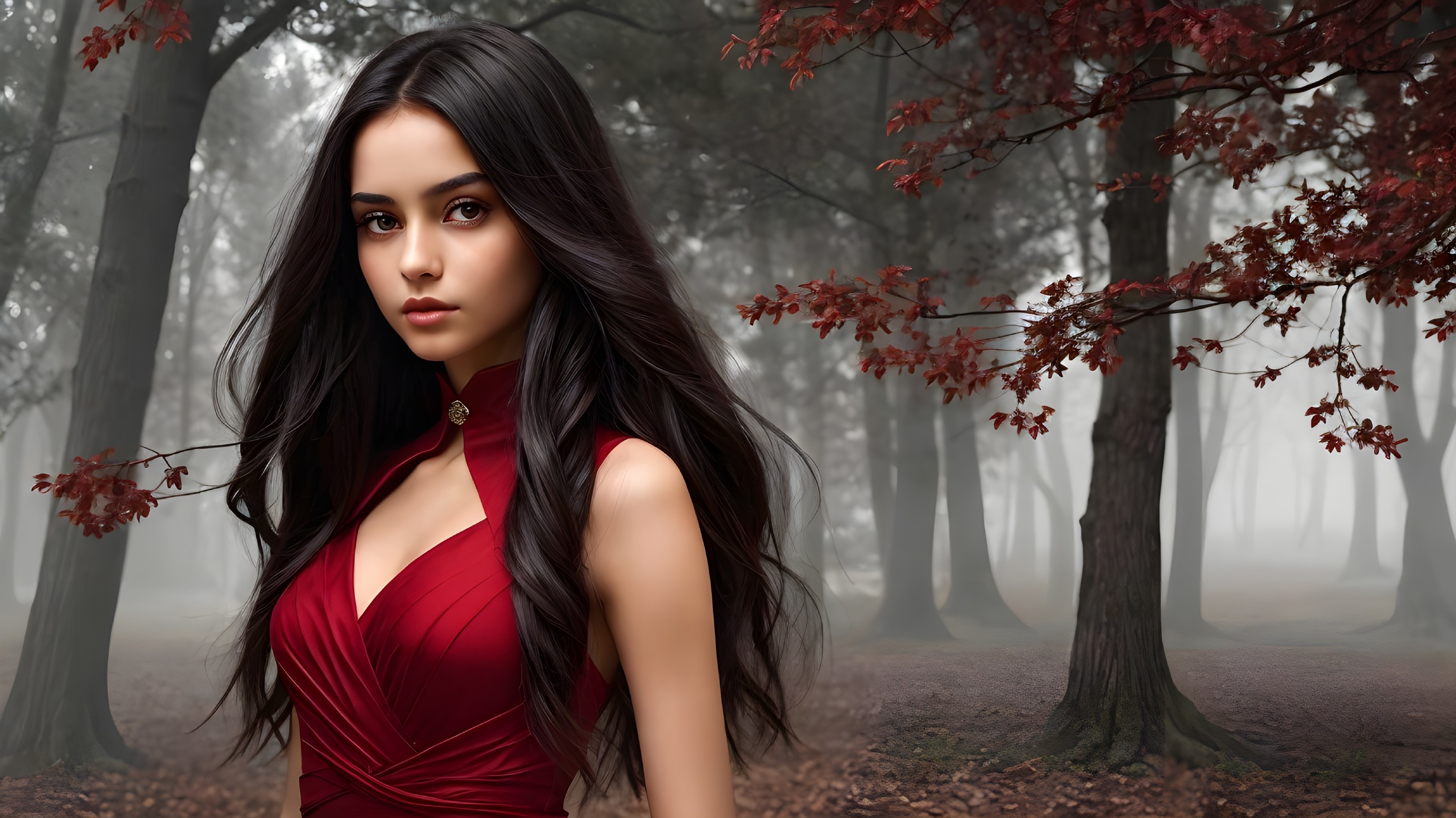 Young Woman in Red Dress in Misty Autumn Forest
