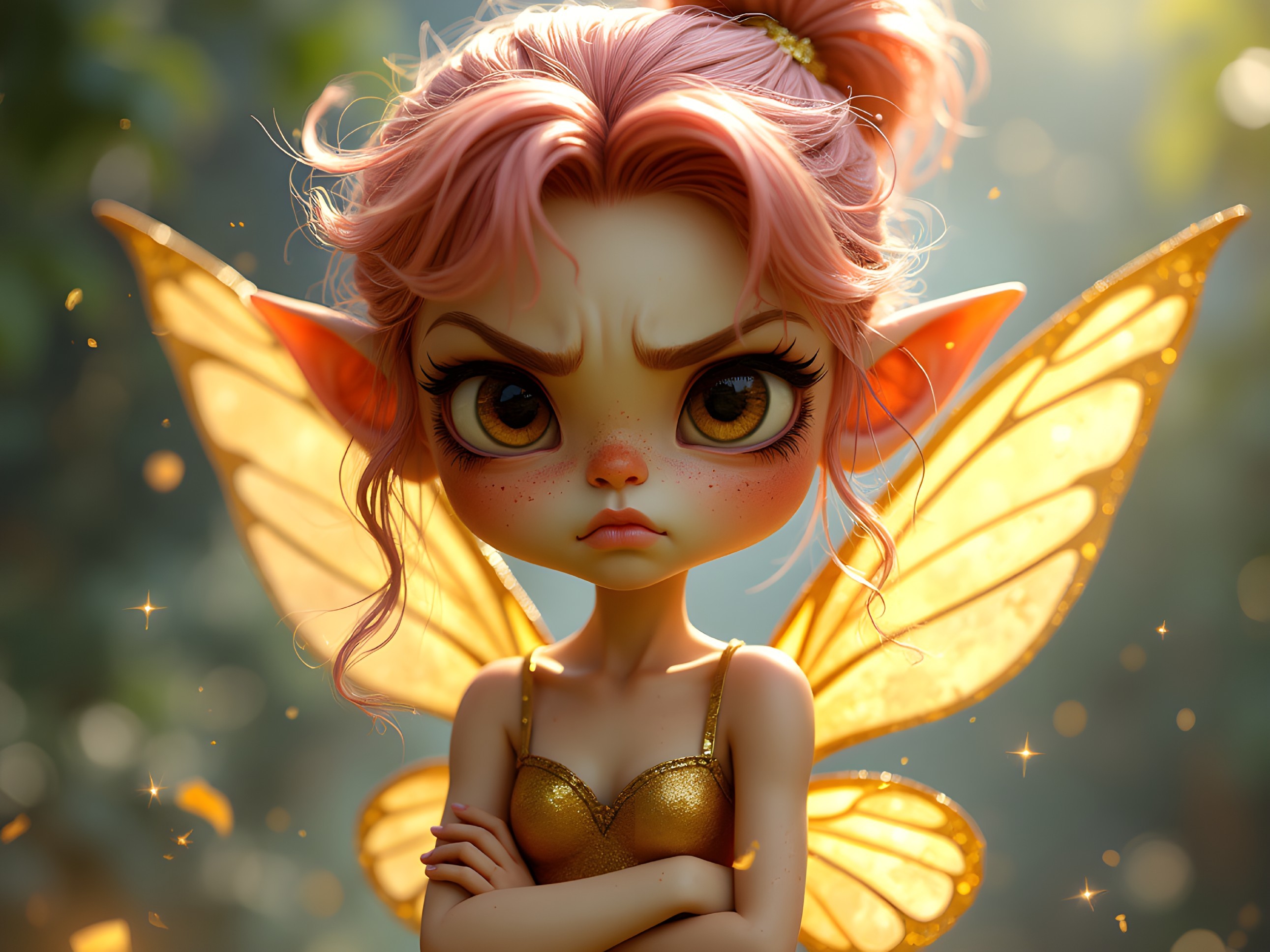 Whimsical Fairy with Golden Wings in Magical Forest