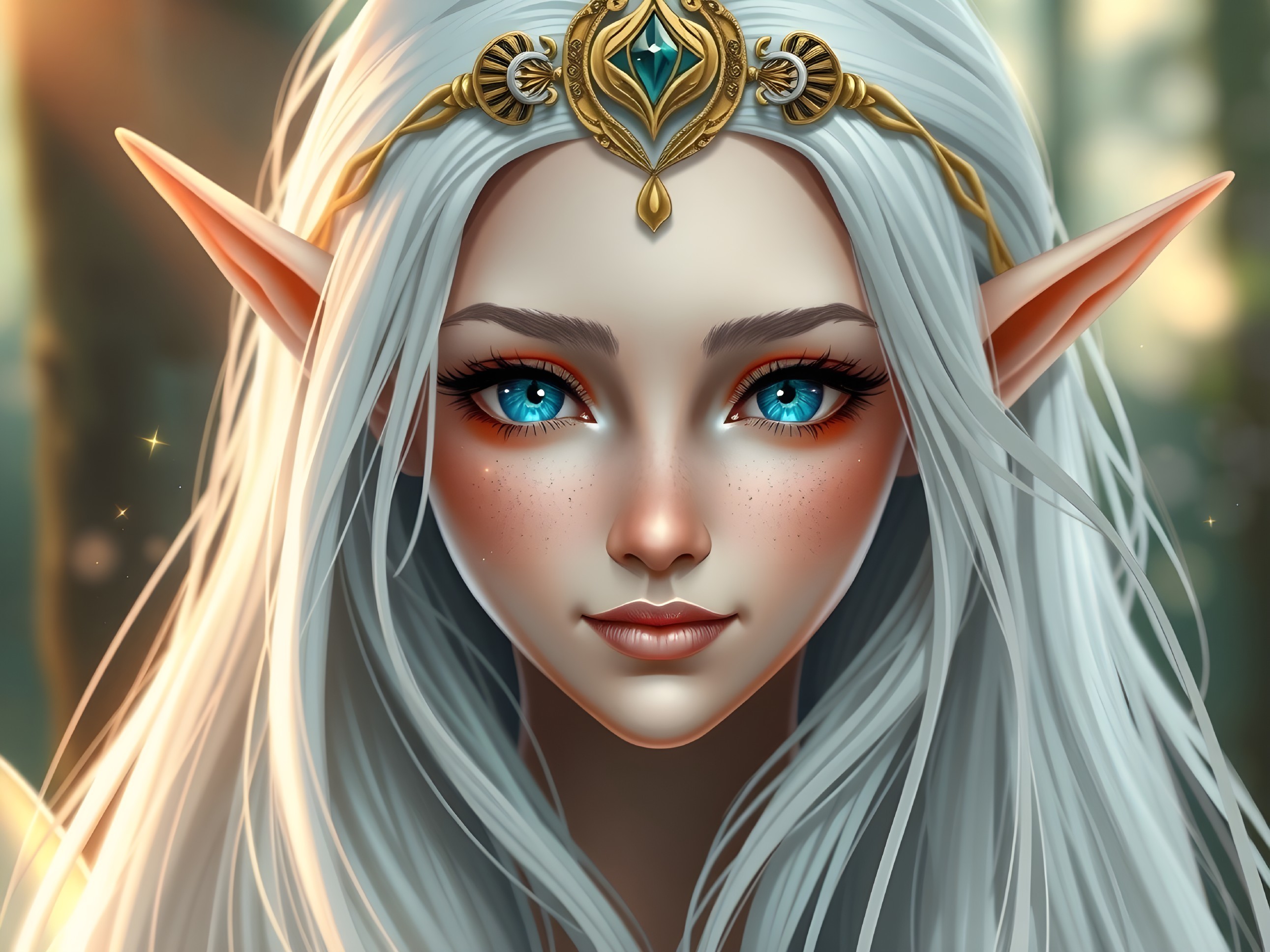 Elf with Silver Hair and Blue Eyes in Forest Setting