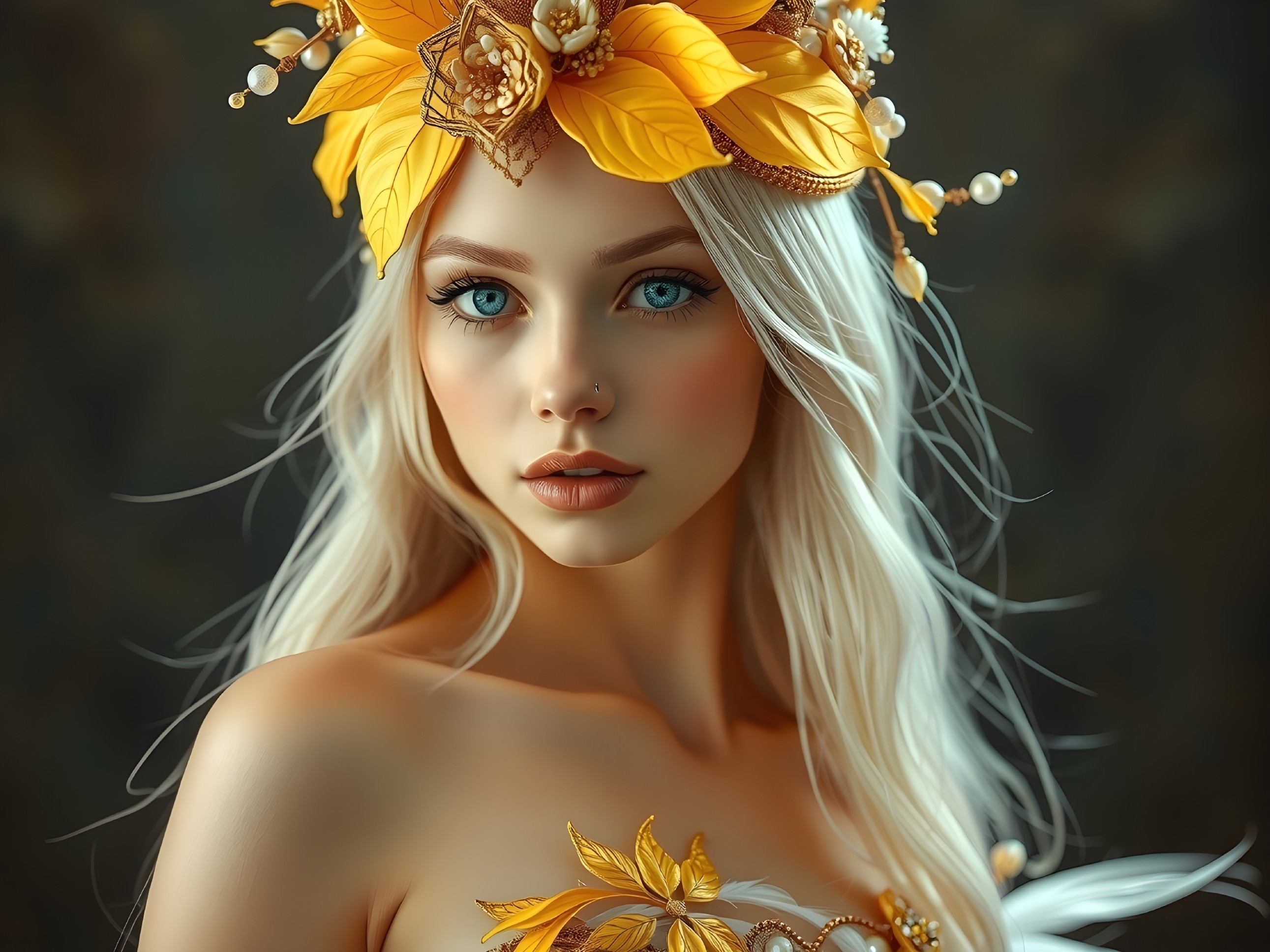 Young woman with floral headpiece and blue eyes