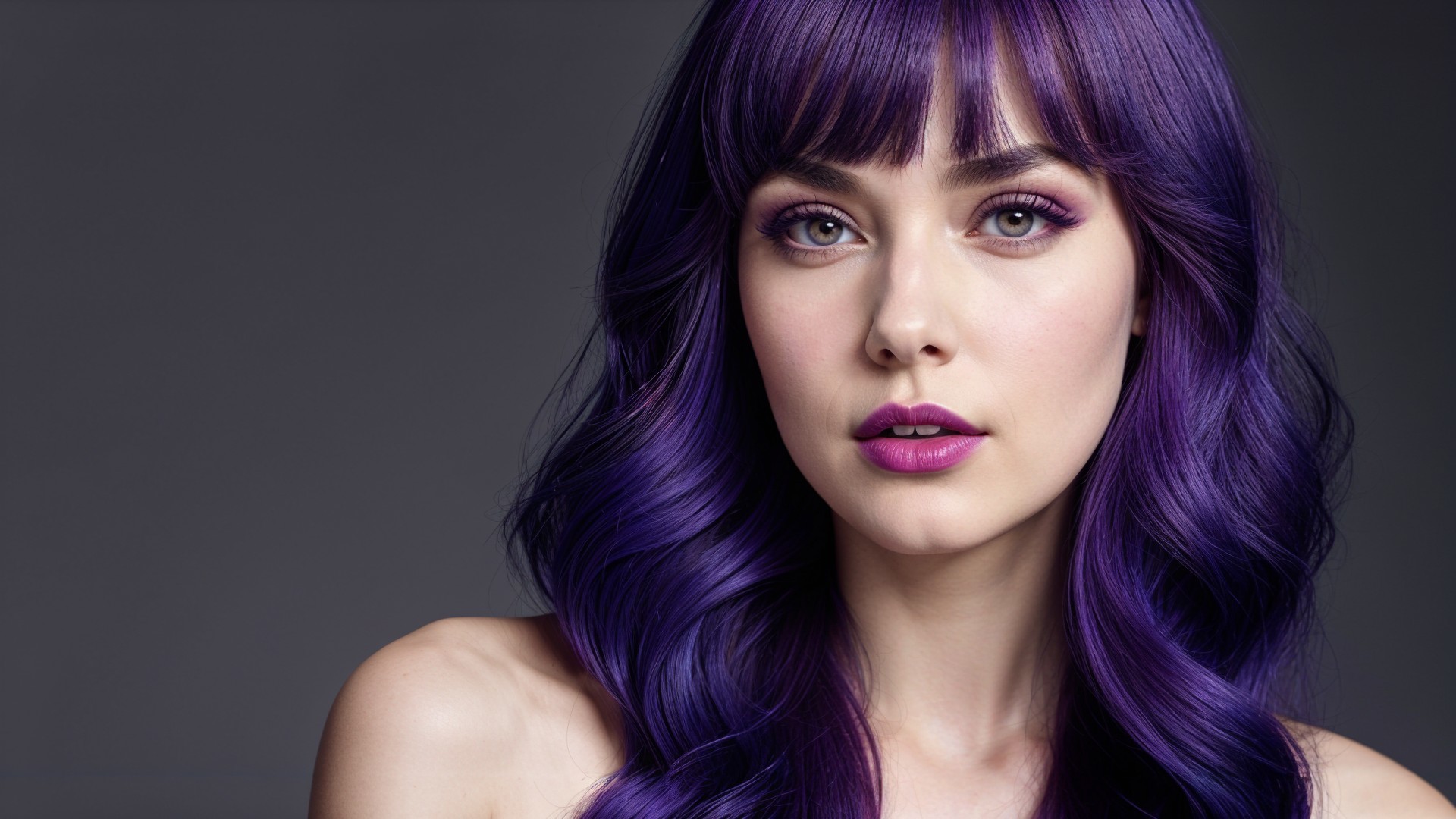 Young Woman with Vibrant Purple Hair and Soft Makeup