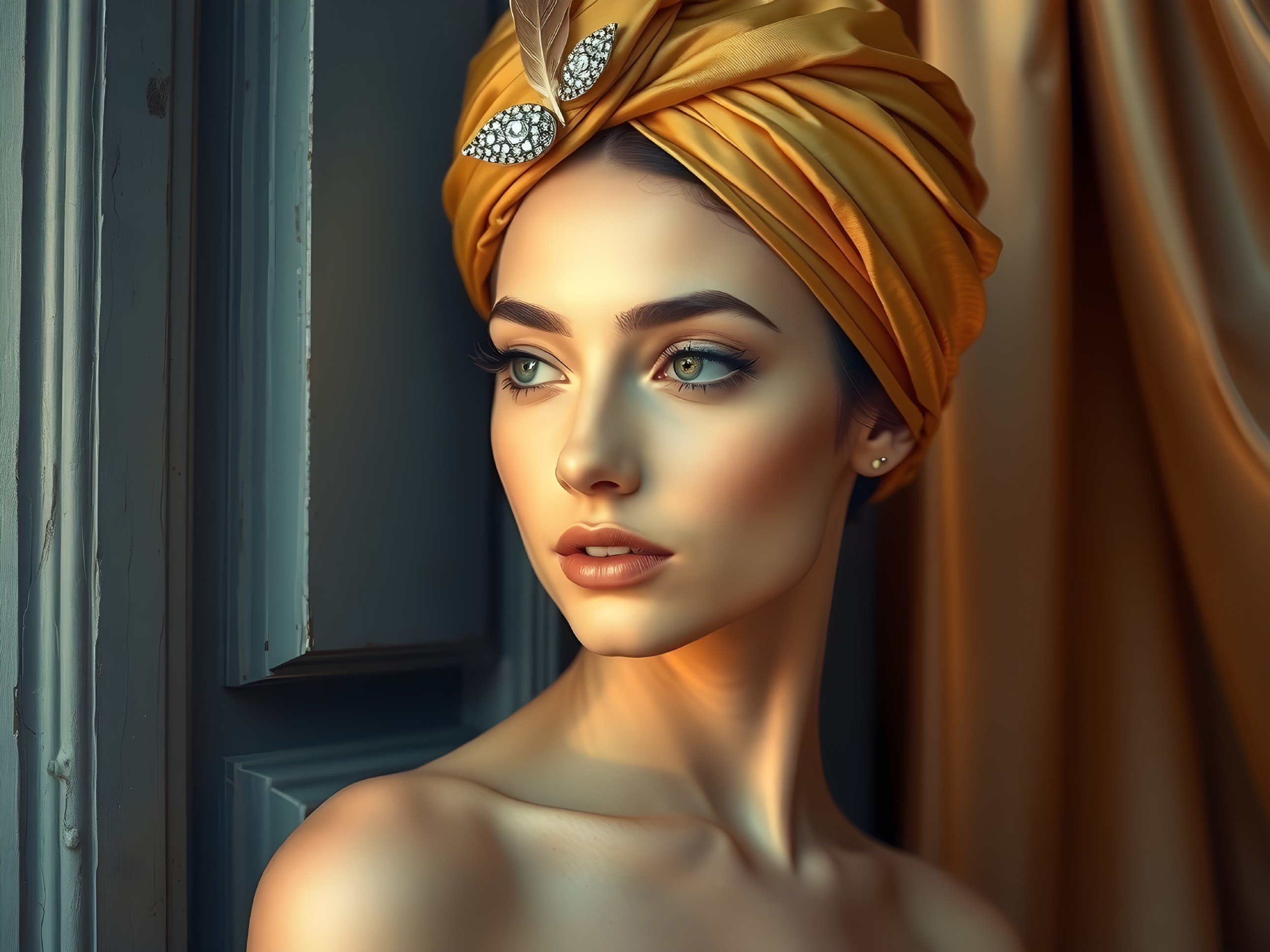 Portrait of a woman with blue eyes and yellow turban