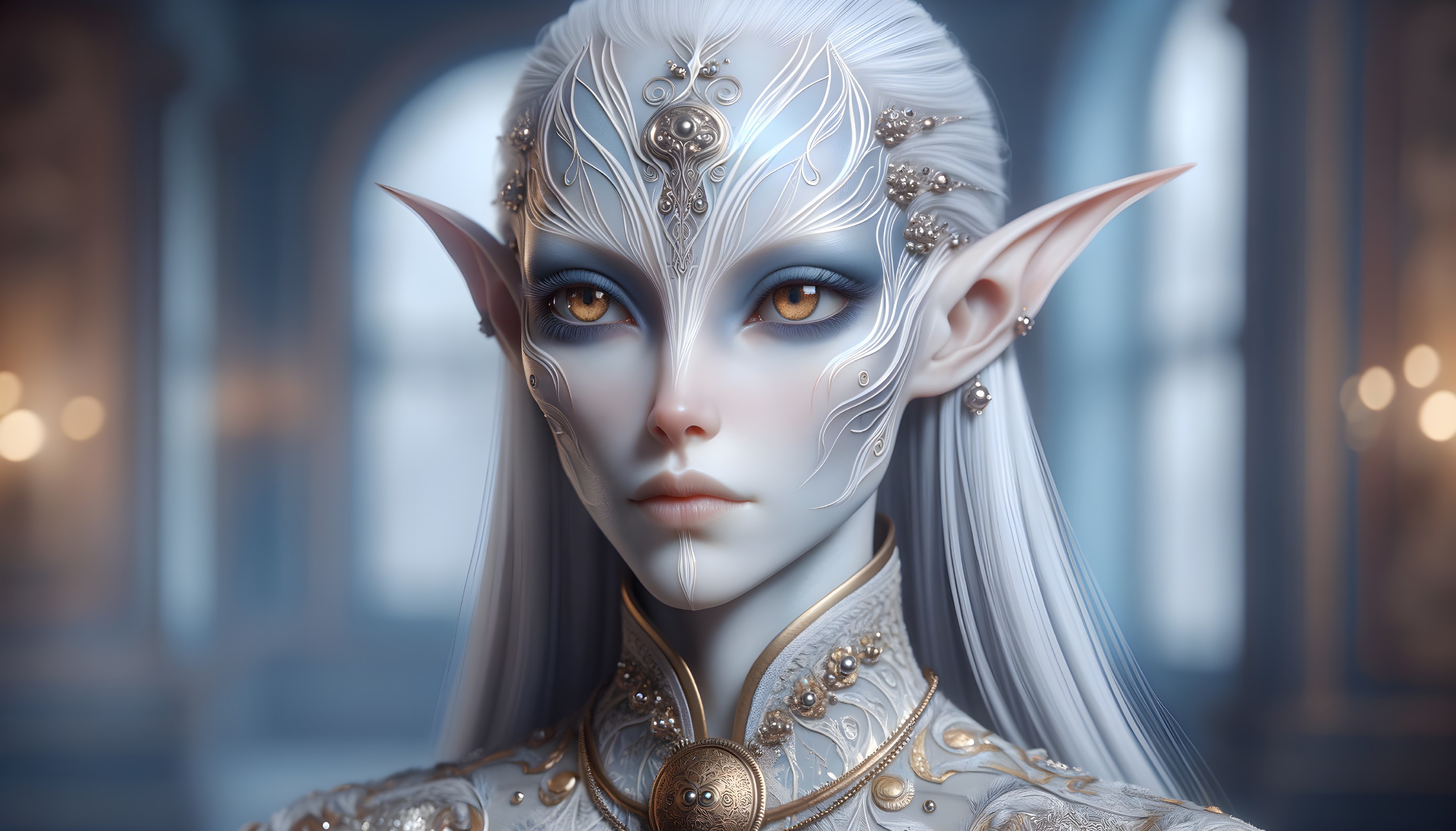 Character with White Hair in Ornate Setting