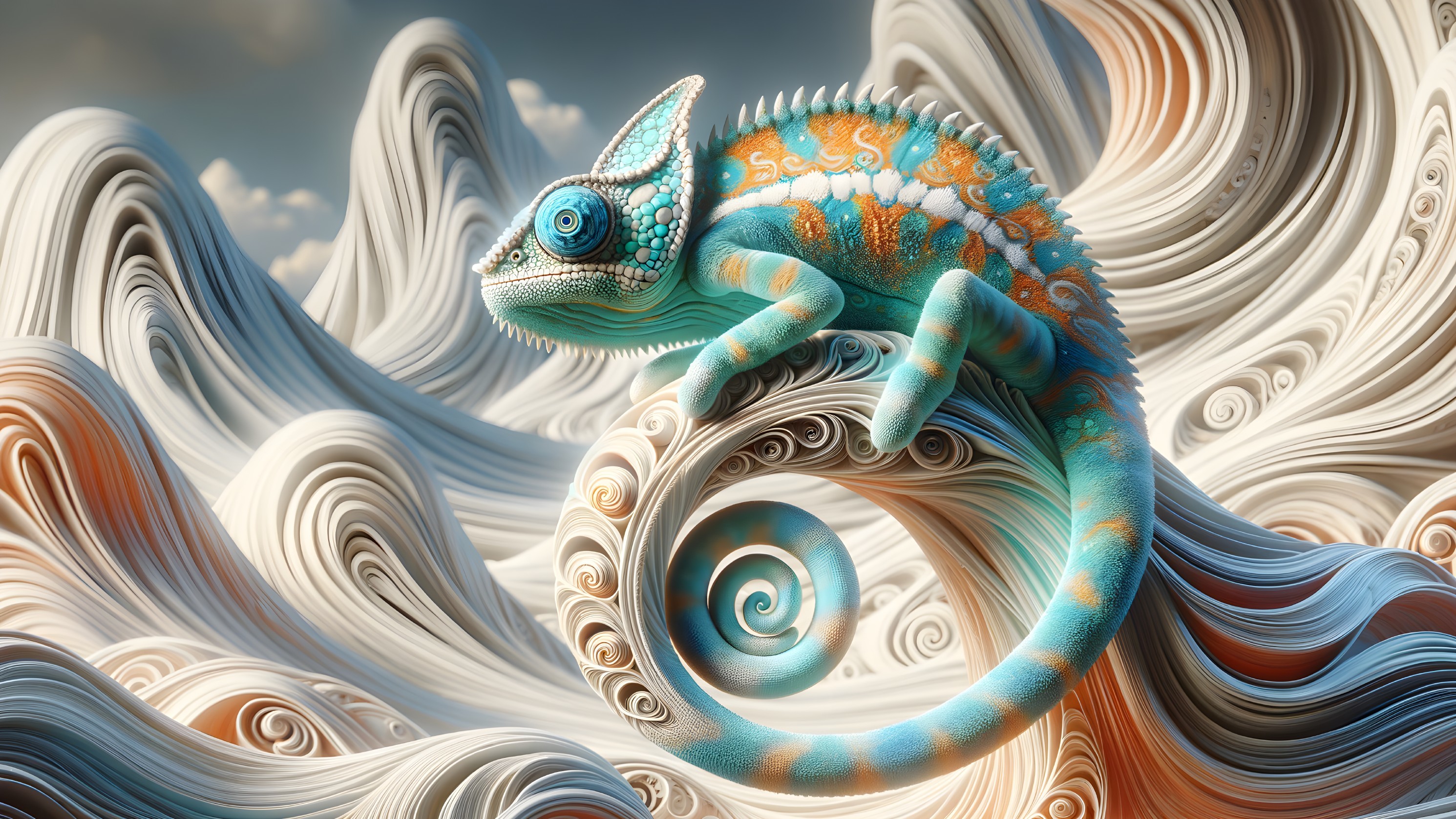 Chameleon on Abstract Pastel Landscape with Curves