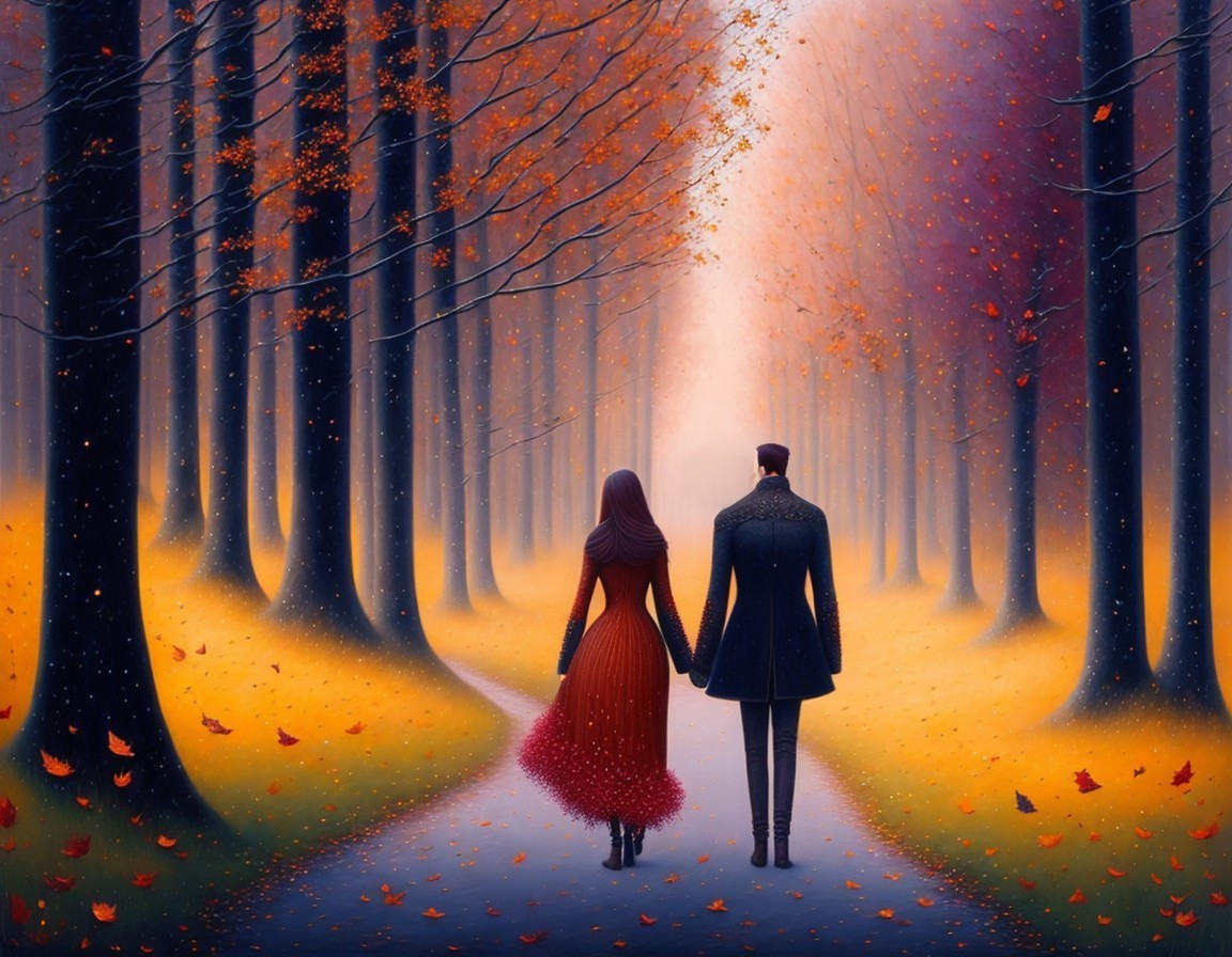 Couple Walking in Autumn Forest with Vibrant Orange Leaves