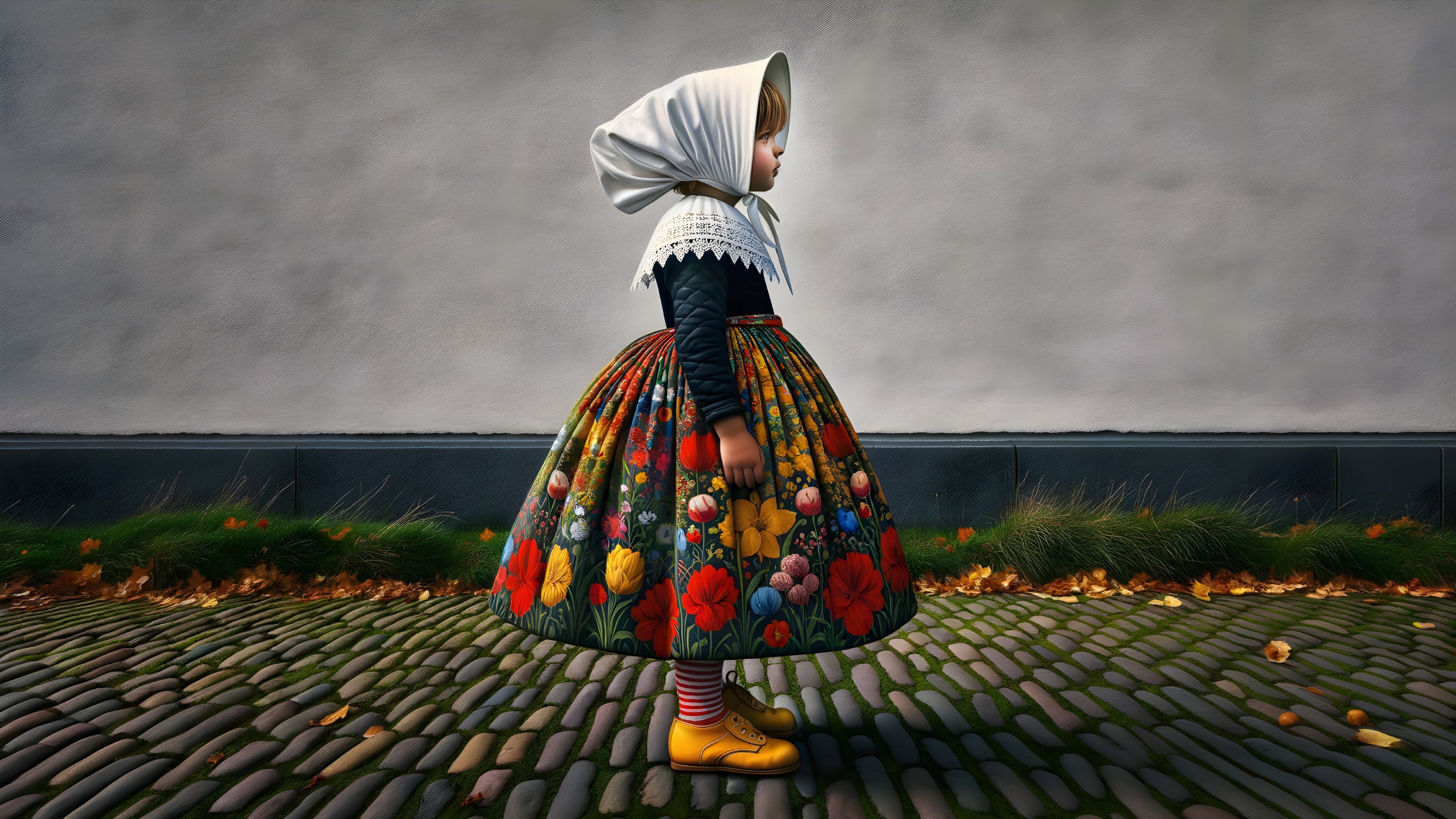 Young girl in floral skirt on cobblestone path