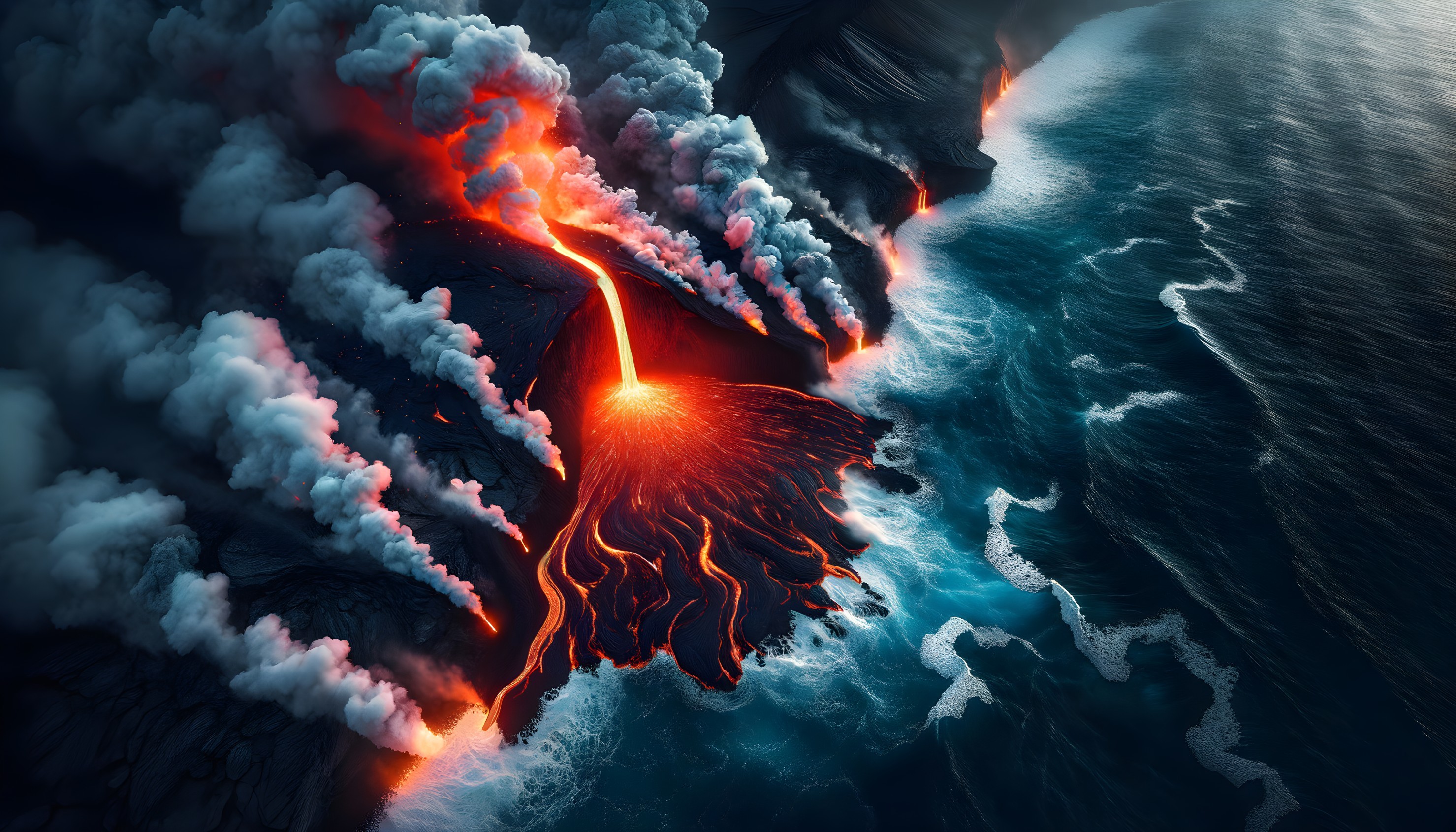 Volcanic Eruption at Coastline with Lava and Ash