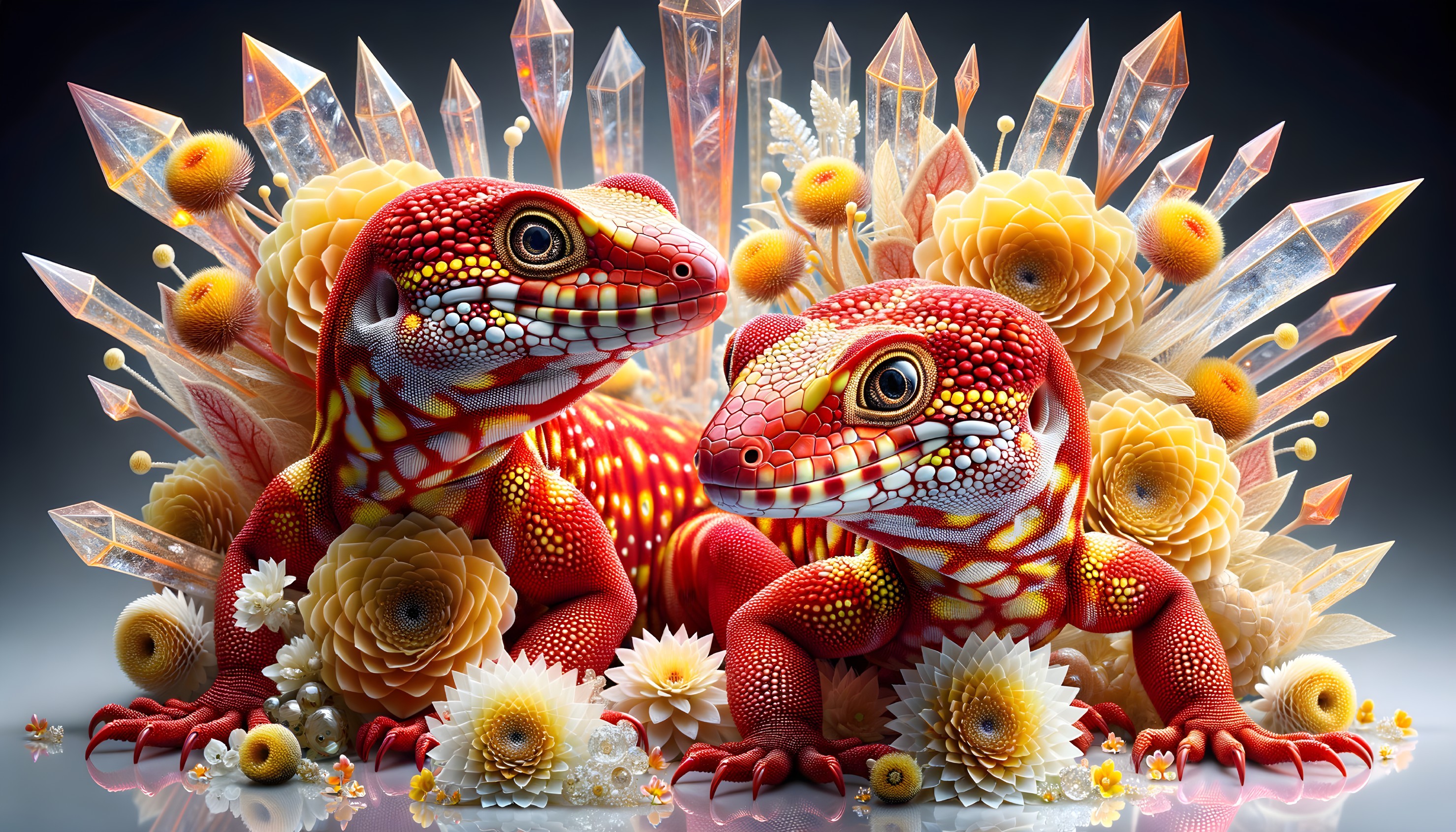 Vividly Colored Lizards Among Crystals and Flowers
