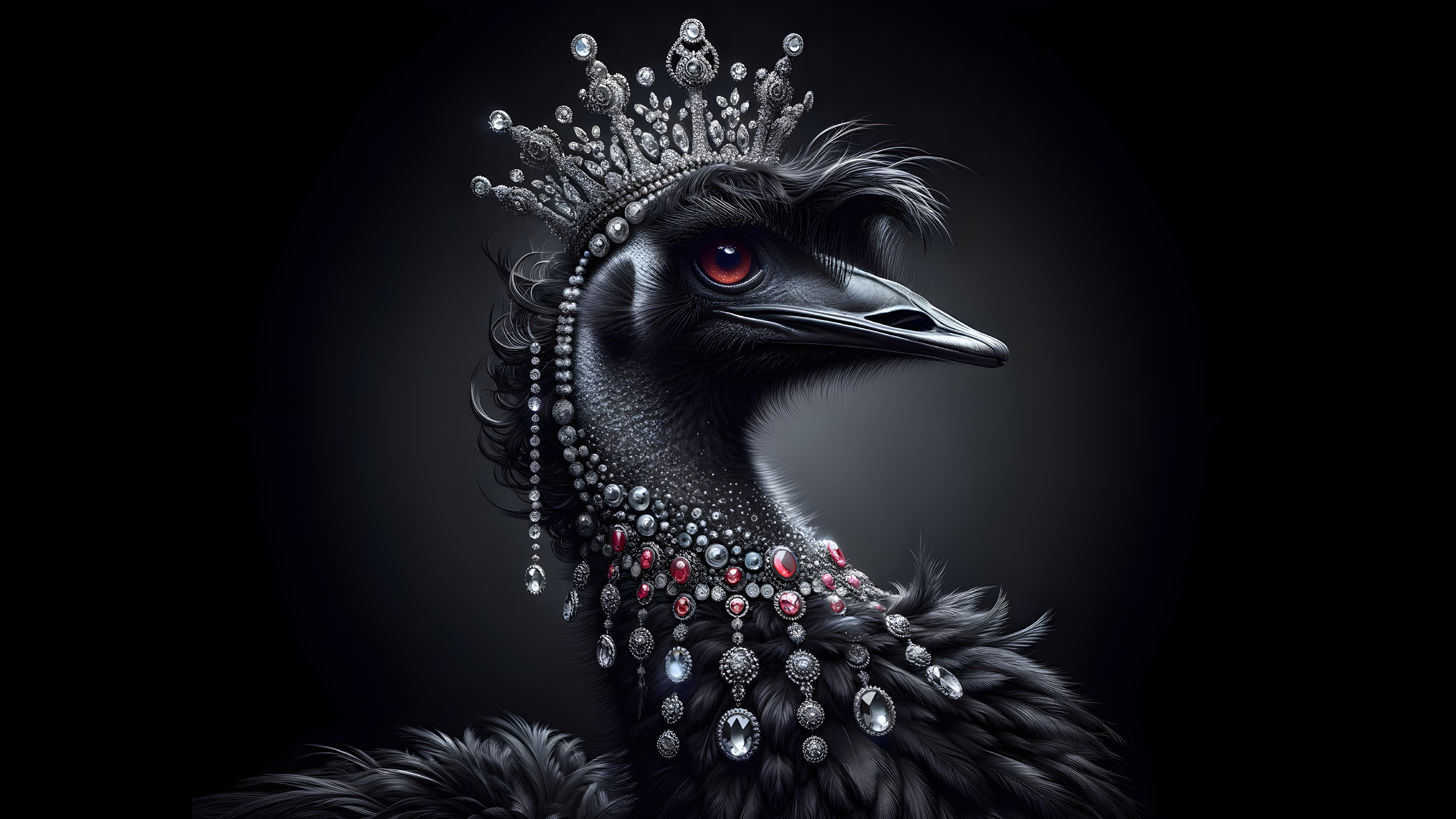 Regal Black-Feathered Emu with Crown and Jewelry