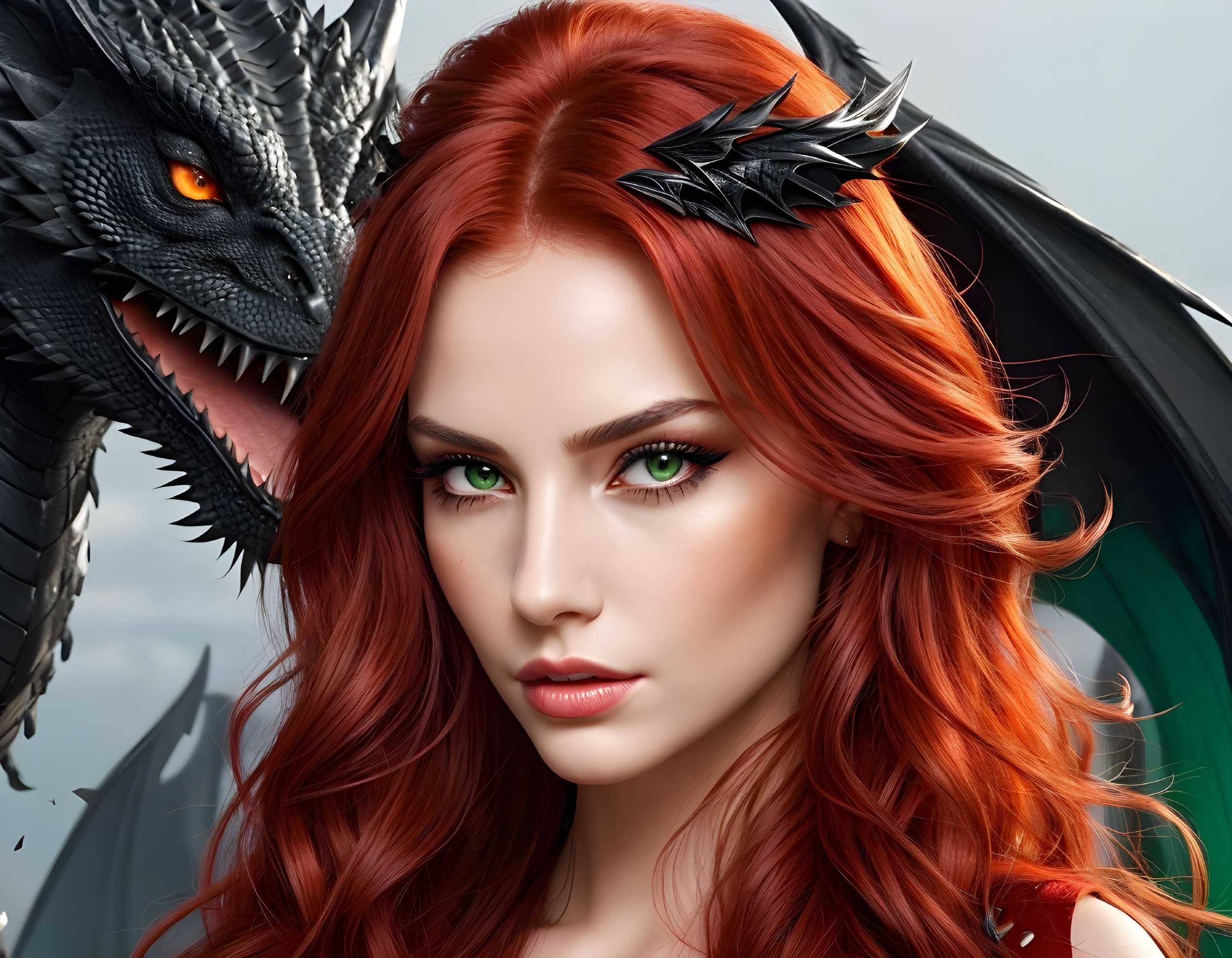 Fantasy Scene of Woman with Dragon and Decorative Hairpiece