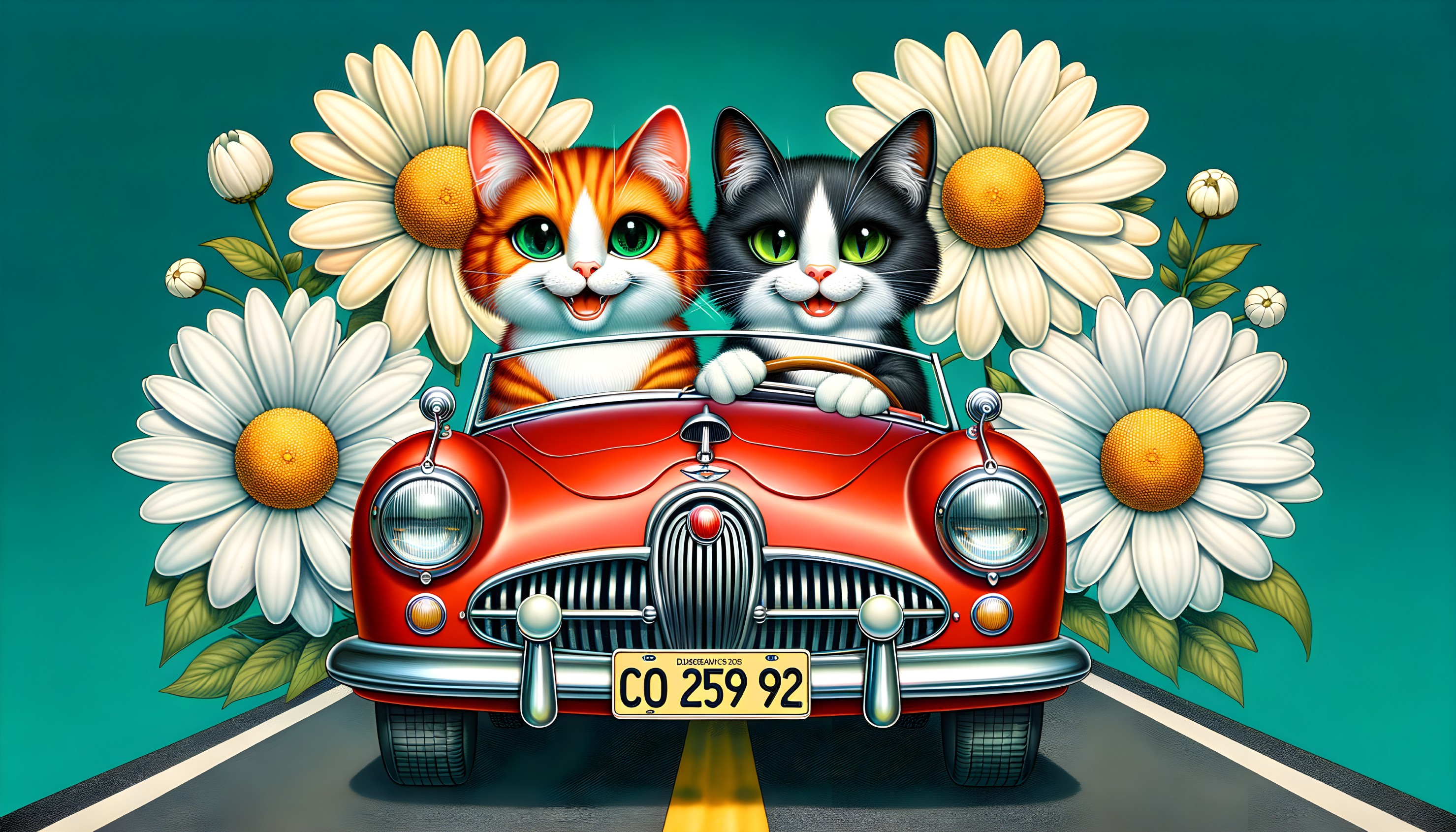 Cats in a Vintage Convertible Surrounded by Daisies
