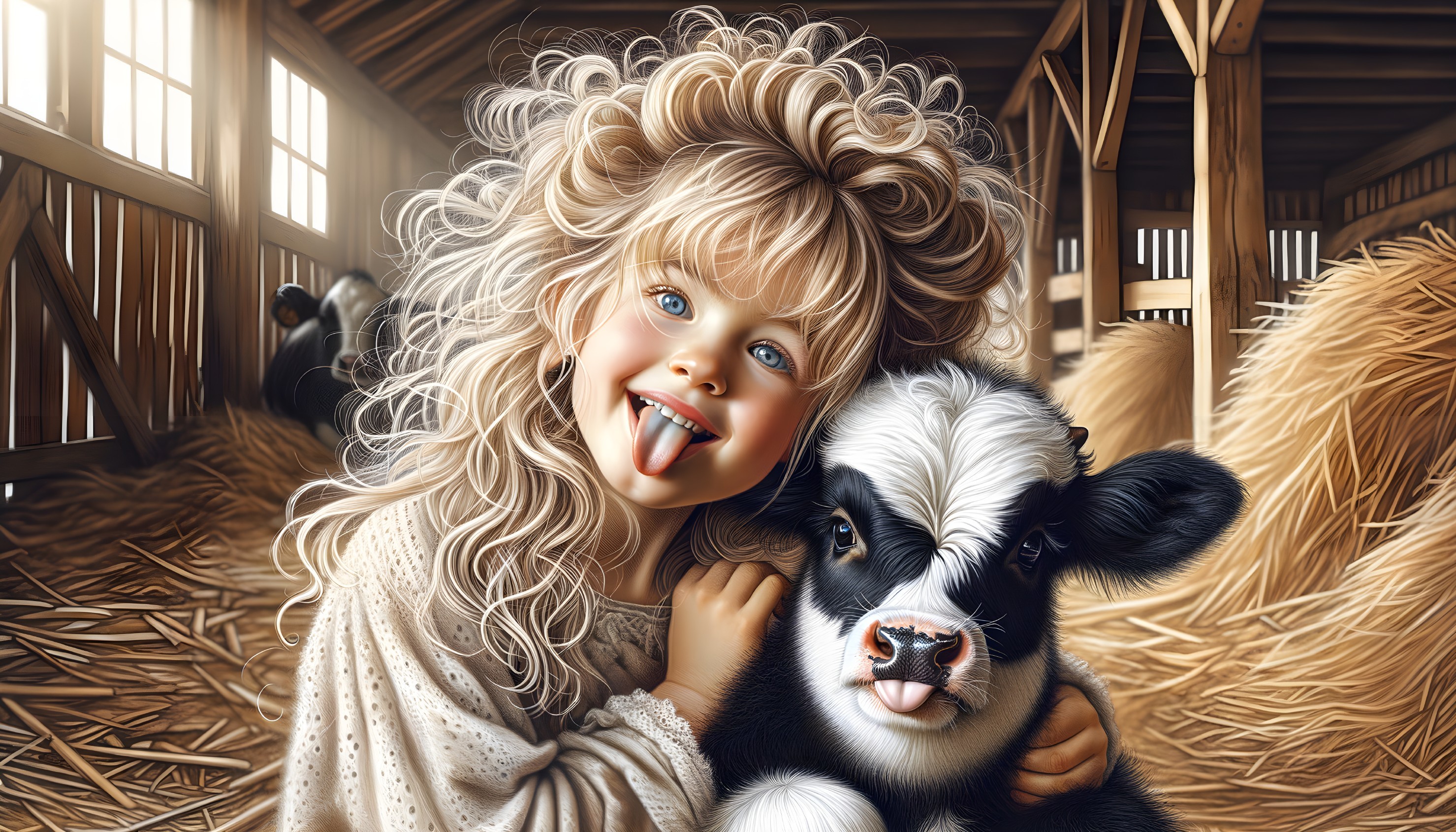 Joyful girl and calf in a rustic barn setting