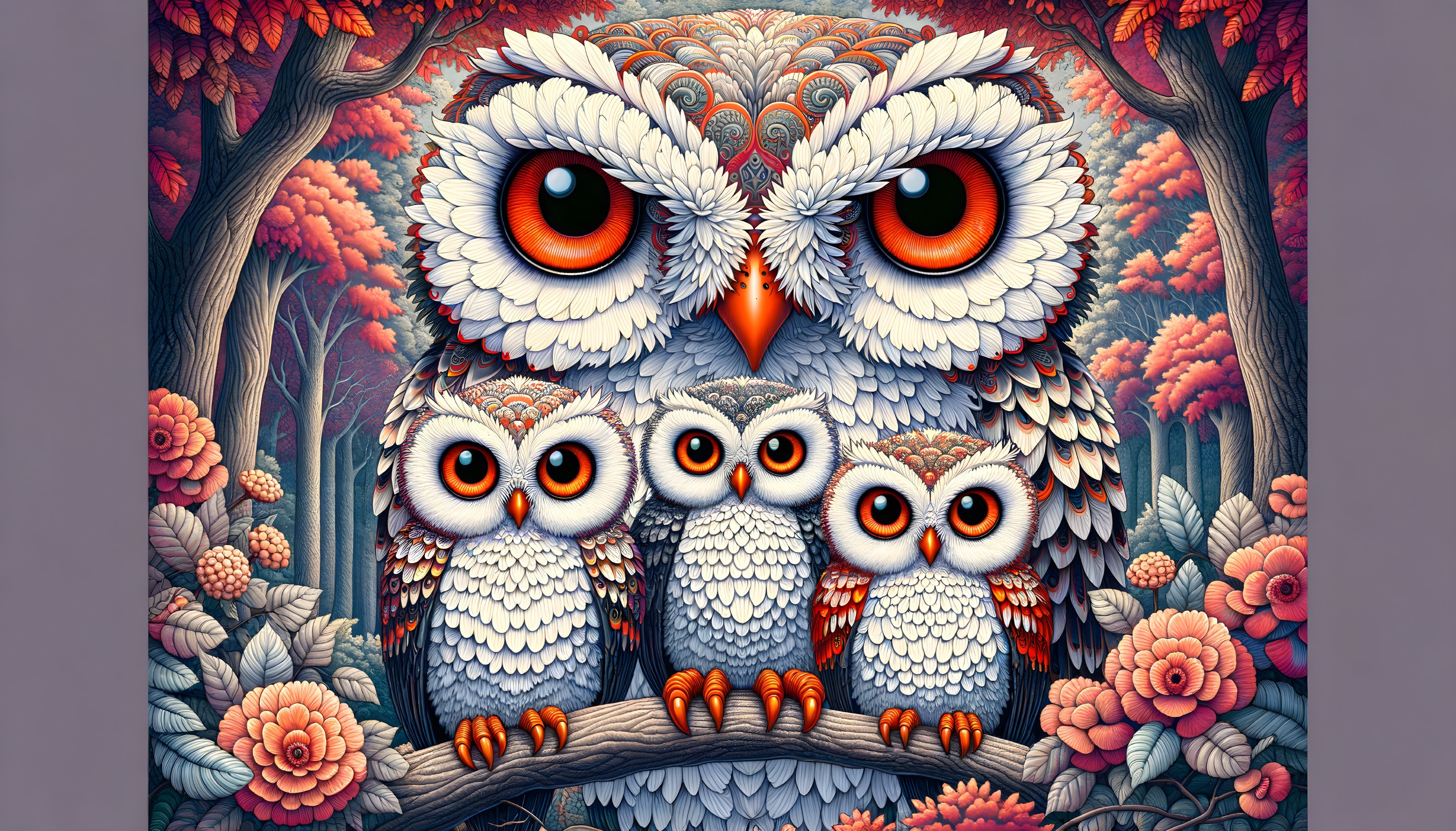 Whimsical Owl Illustration in a Vibrant Forest Setting