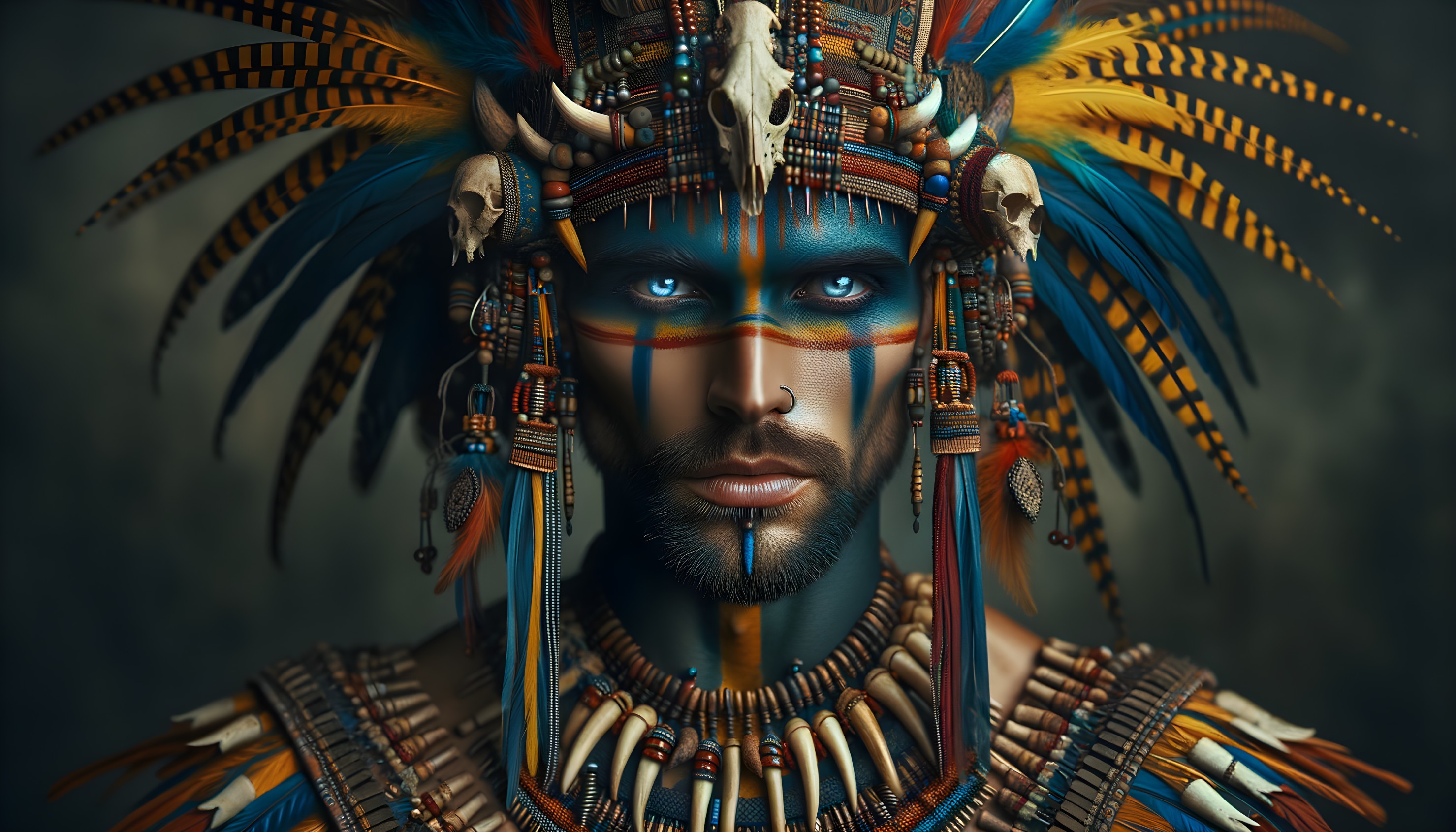Male Figure in Tribal Attire with Vibrant Face Paint