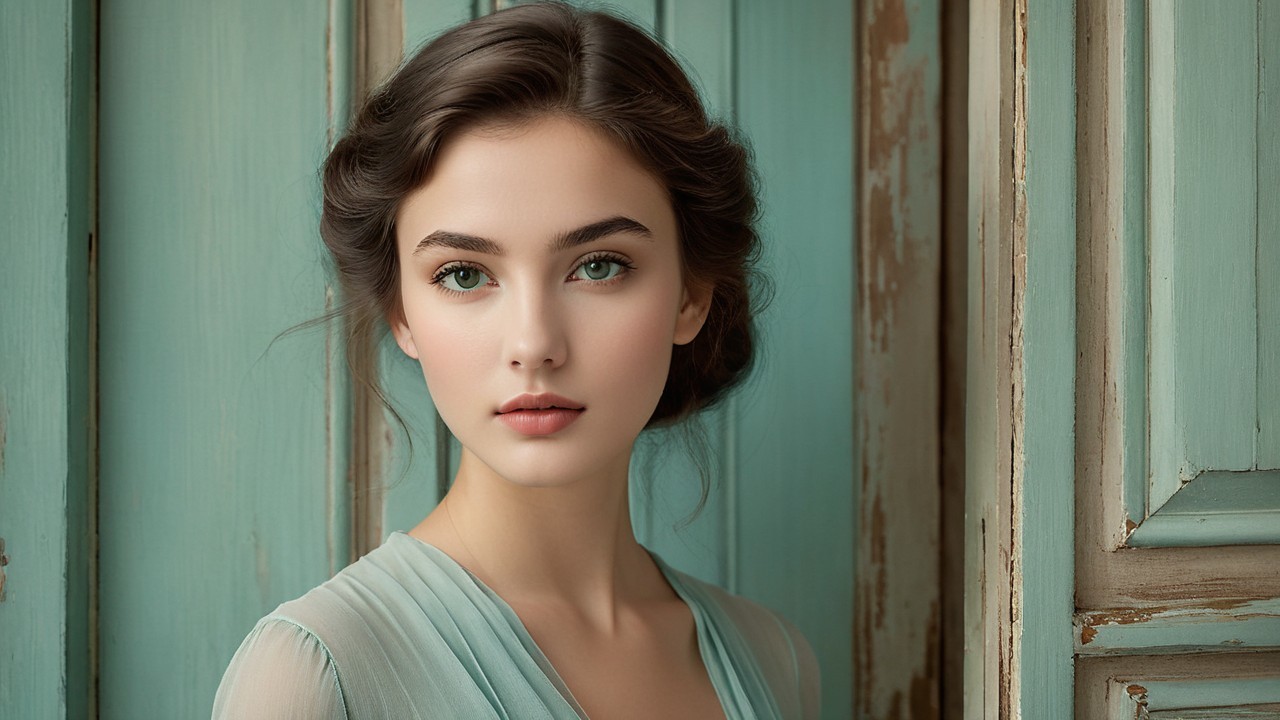 Portrait of a Young Woman with Green Eyes and Vintage Backdrop