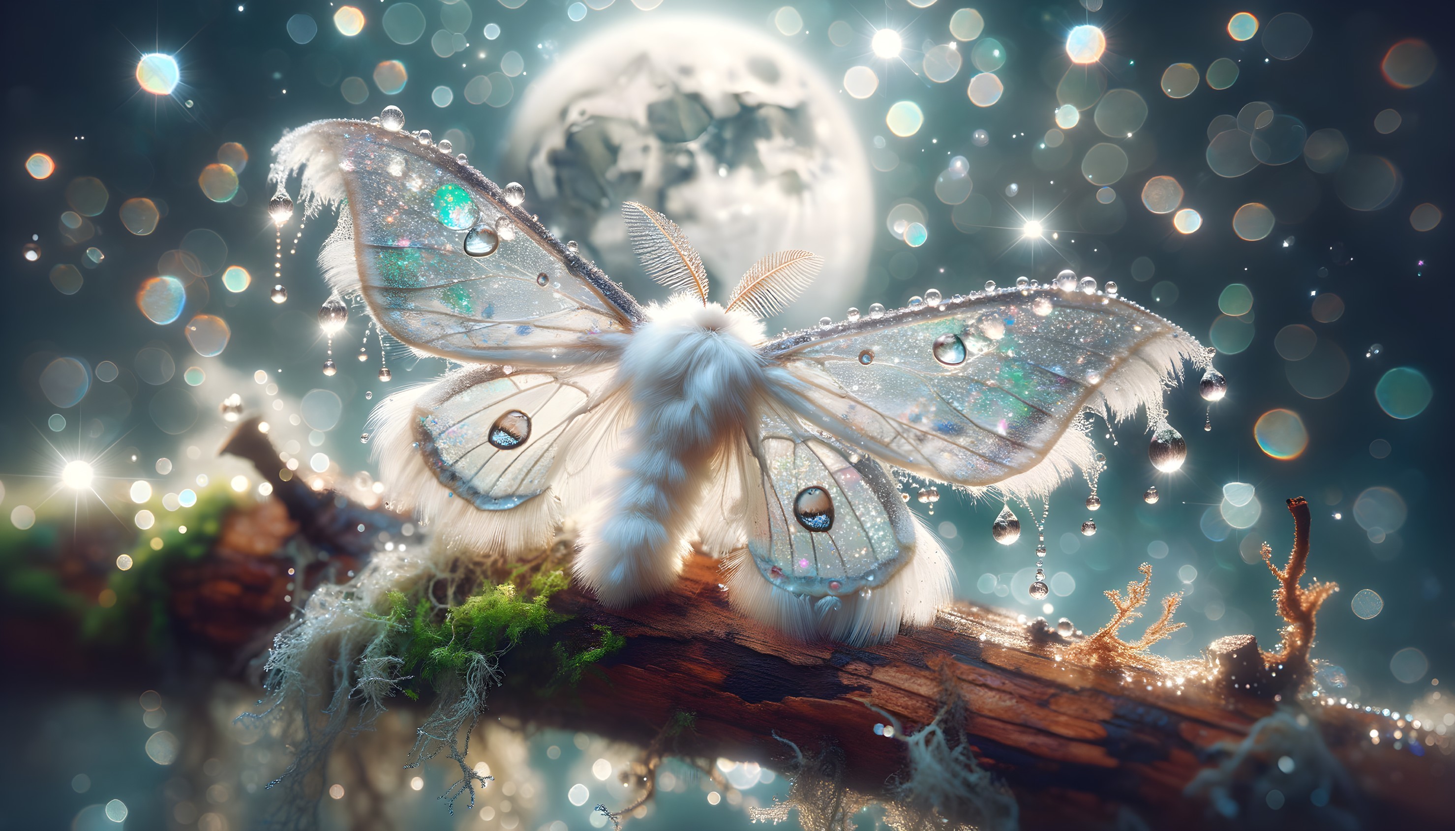 Iridescent Moth on Textured Branch with Moonlight