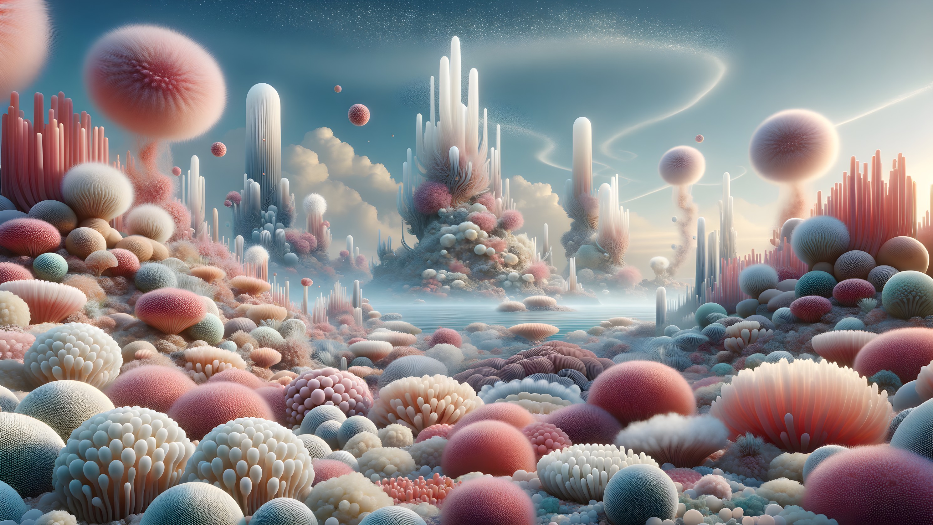 Fantastical Landscape with Crystalline Structures and Spheres