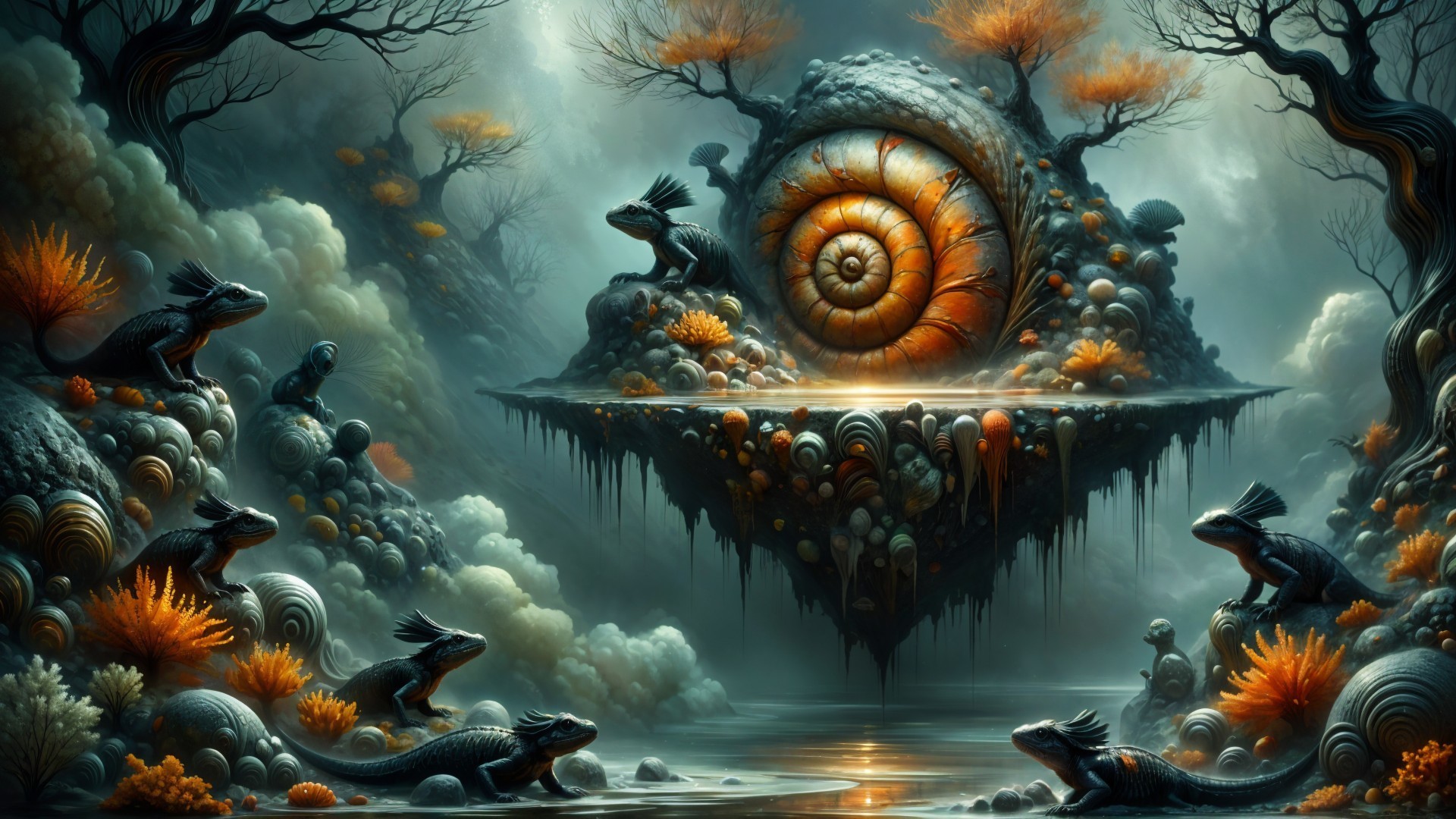Surreal Landscape with Giant Spiral Shell and Lush Vegetation