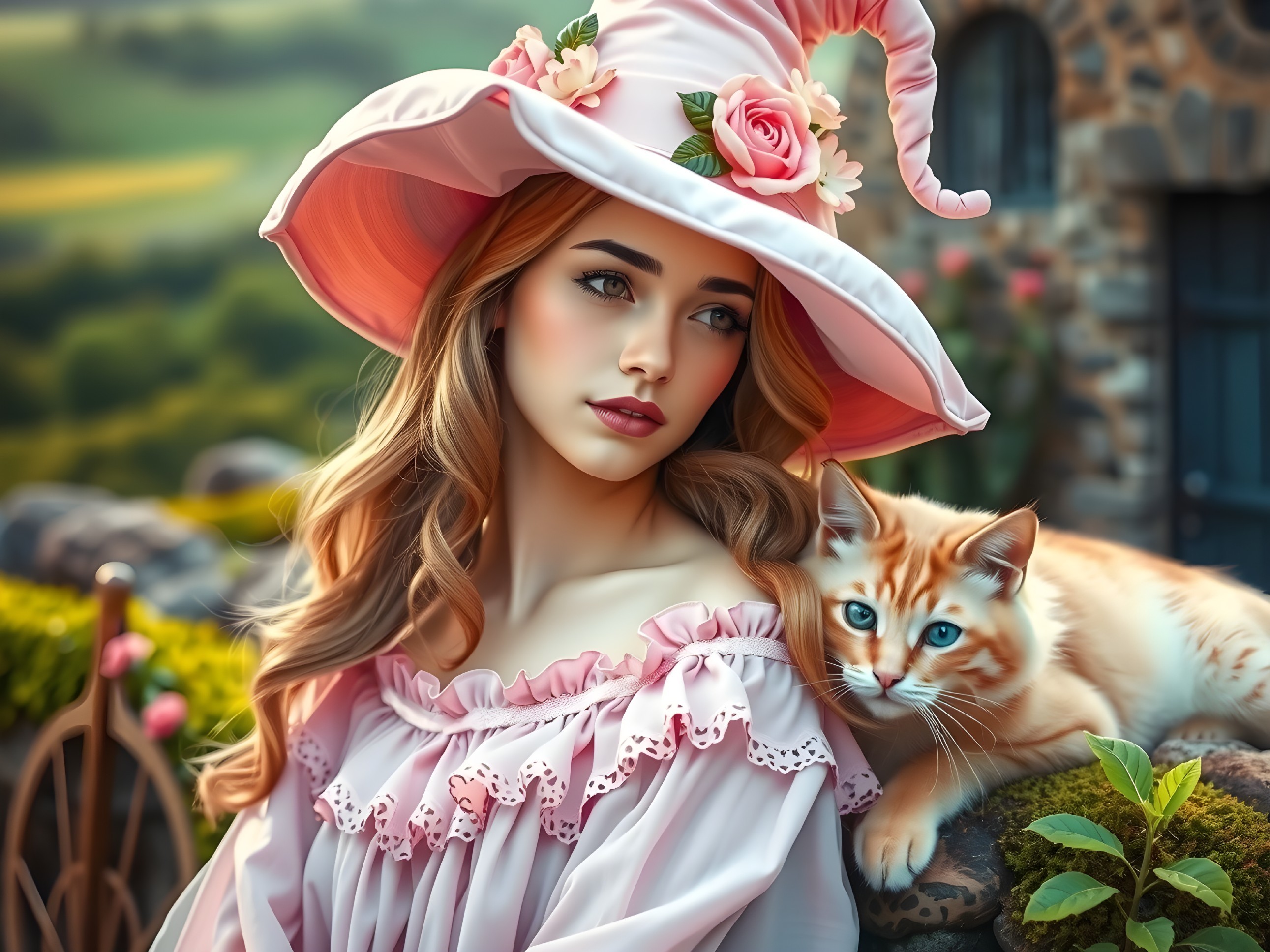 Young woman in pink hat with a ginger cat in nature