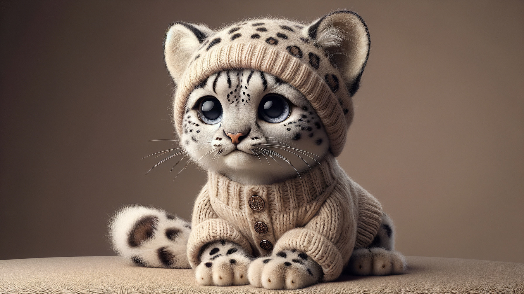 Cartoon Snow Leopard Kitten in Cozy Sweater and Beanie