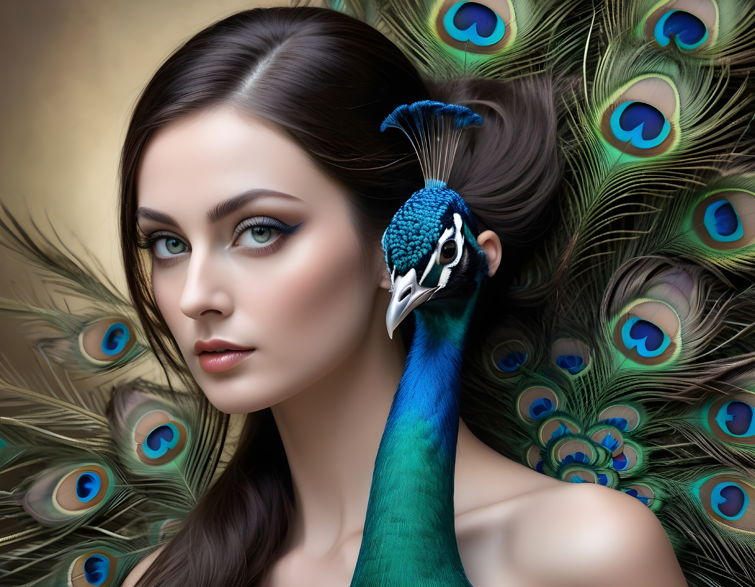 Portrait of a Woman with a Peacock in Nature