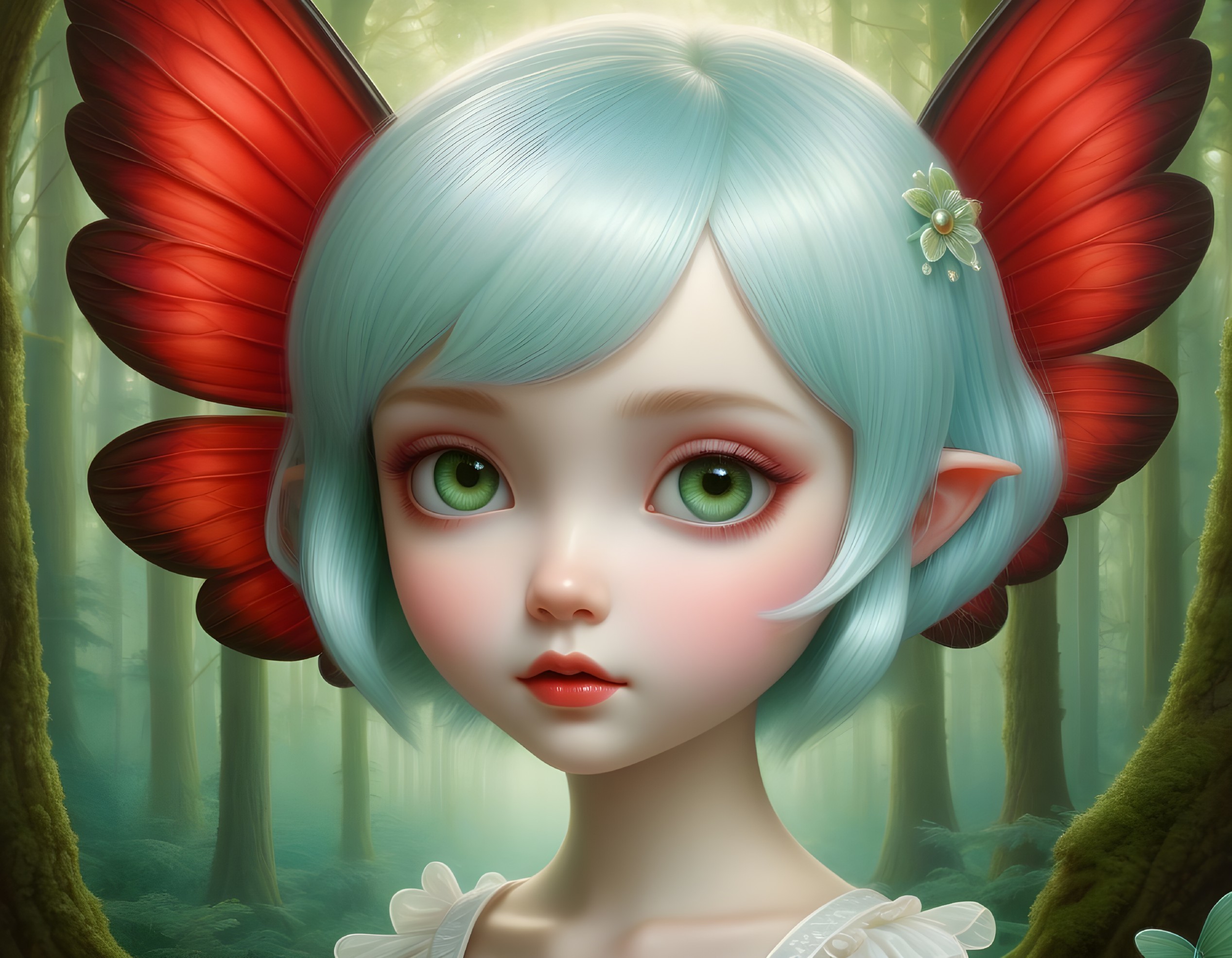 Young sprite with green eyes and vibrant red wings