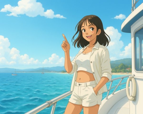 Cheerful girl on boat with clear sky and calm sea