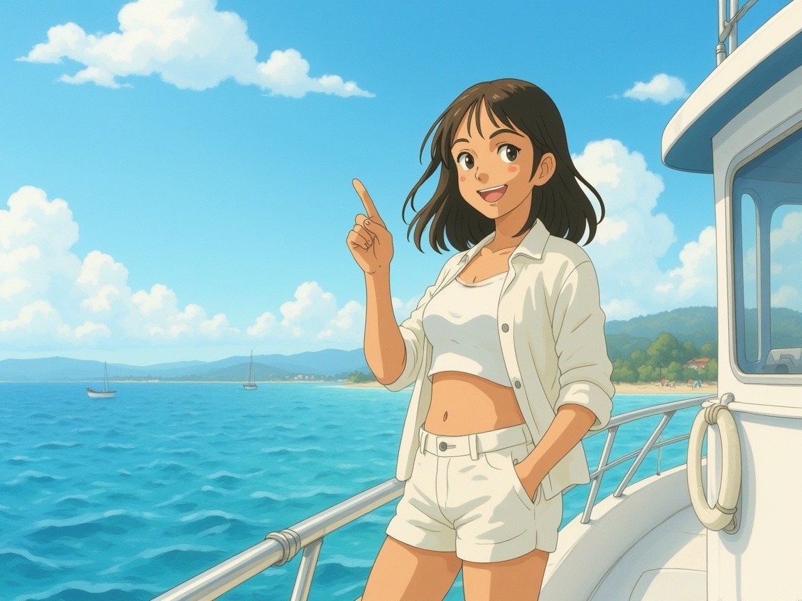 Cheerful girl on boat with clear sky and calm sea