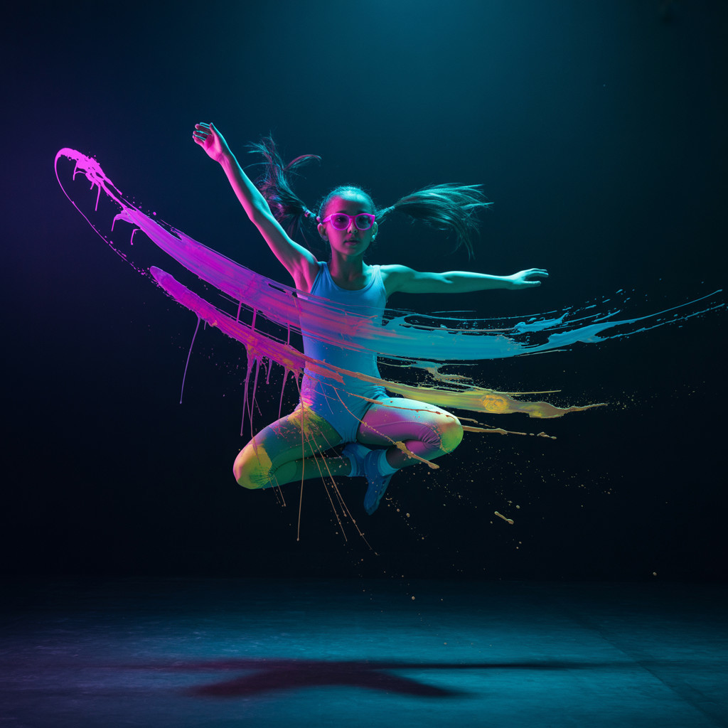 Dynamic dancer in stylish outfit with vibrant paint splashes