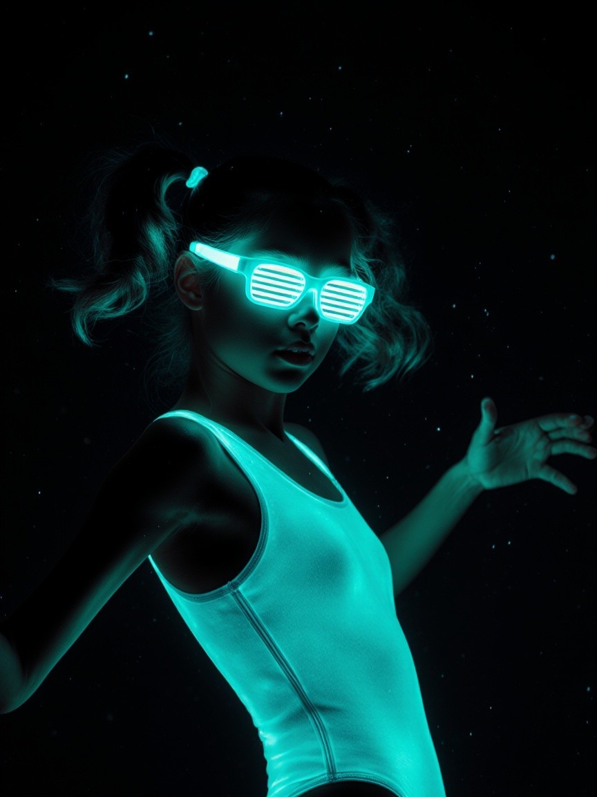 Young girl in glowing attire against dark backdrop