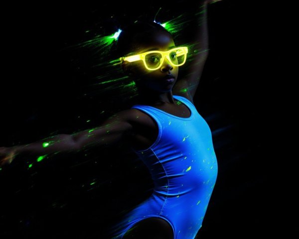 Young girl in blue swimsuit with glowing neon glasses