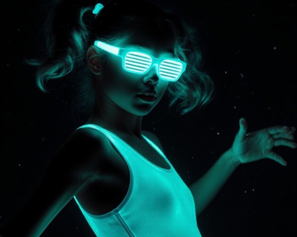 Young girl in glowing attire against dark backdrop