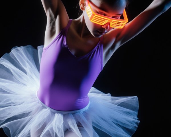 Young ballerina in purple leotard and neon sunglasses