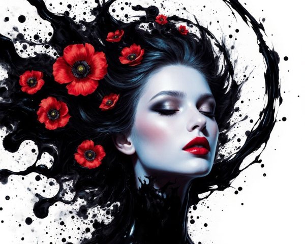 Portrait of a woman with poppies and abstract patterns