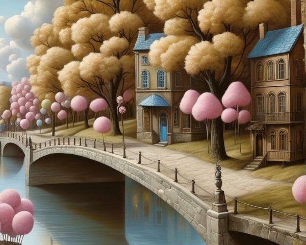 Whimsical Landscape with Serene River and Stone Bridge