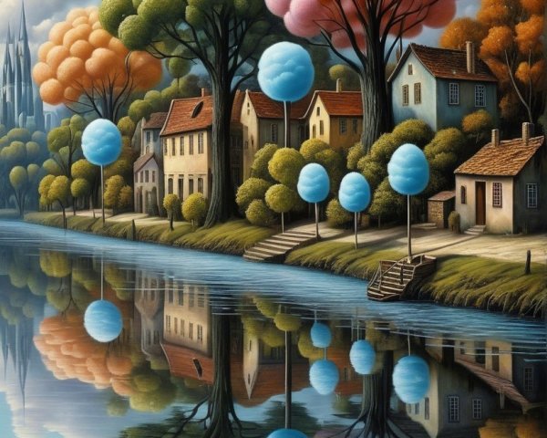 Whimsical Landscape with Colorful Trees and River