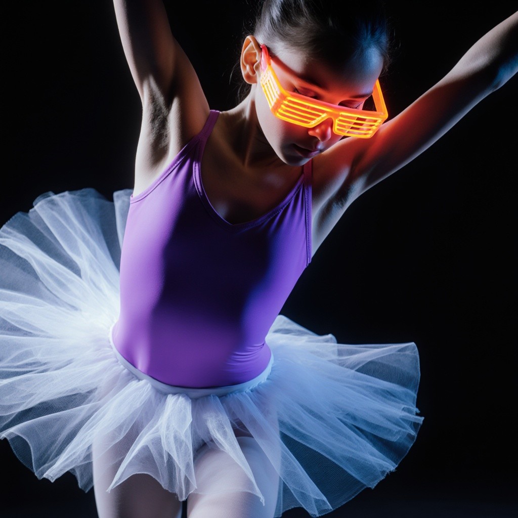 Young ballerina in purple leotard and neon sunglasses