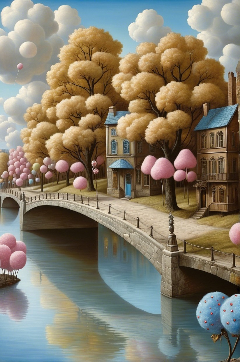 Whimsical Landscape with Serene River and Stone Bridge