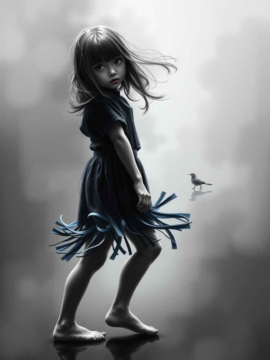 Young girl in dark dress with flowing hair and bird