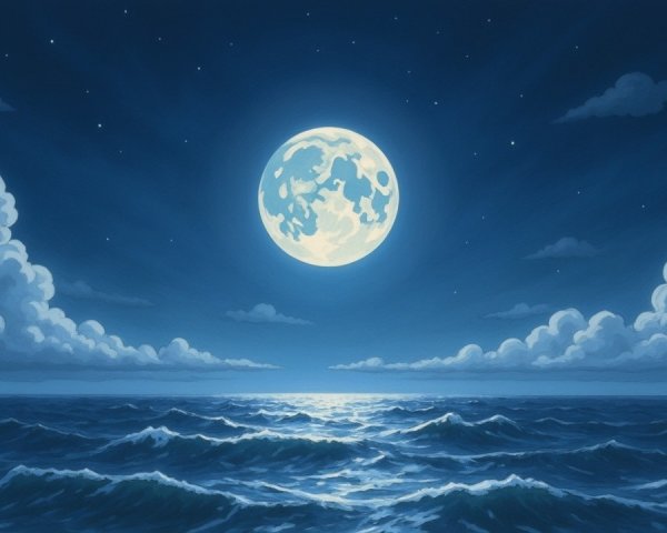 Serene Ocean Scene Under Full Moon and Stars