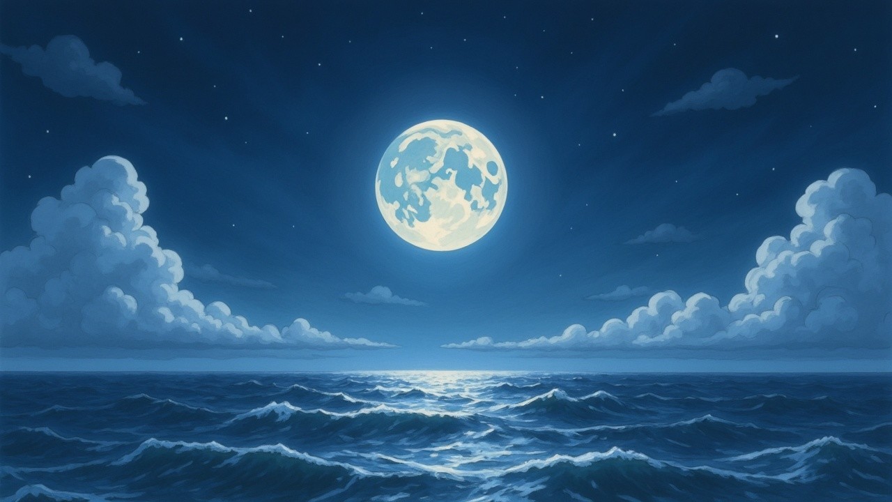 Serene Ocean Scene Under Full Moon and Stars