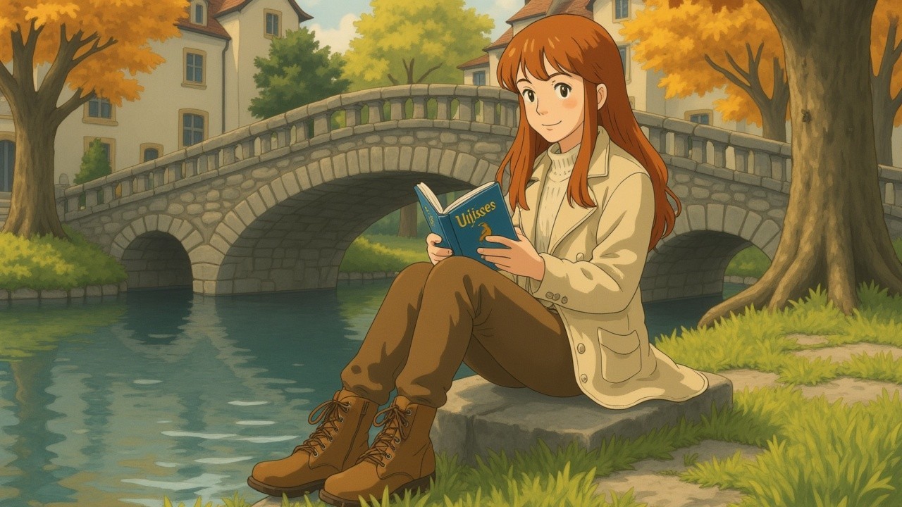 Young Woman Reading by a Serene Autumn River